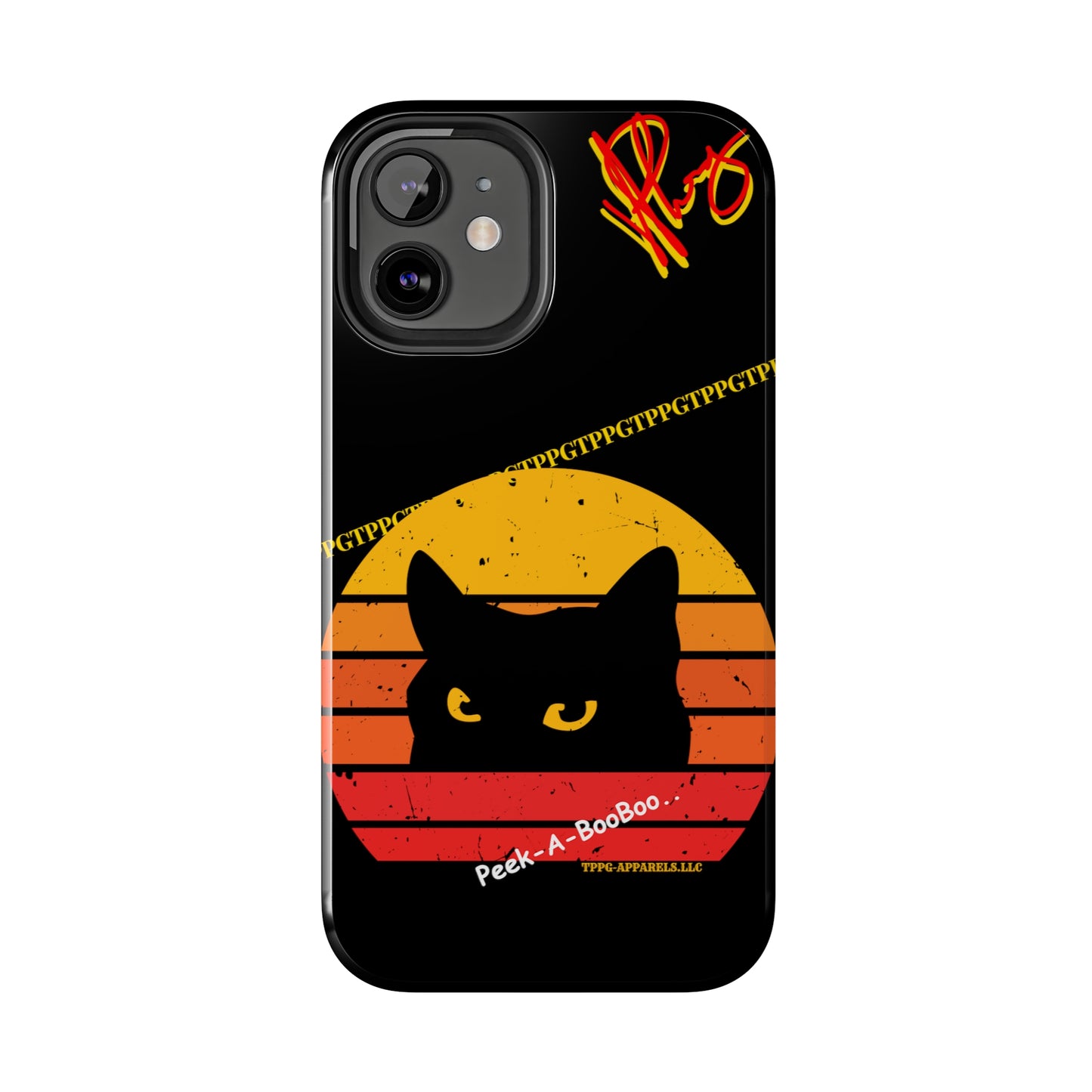 One of our Cutest Cat "Peek-A-BOOO.." Pet Designs (in a Bold Yellow/Orange/Red Base Colors) Verision from the 'TPPG Collection' Line carries Several sizes of the "iPhone Series" Tough Phone Cases