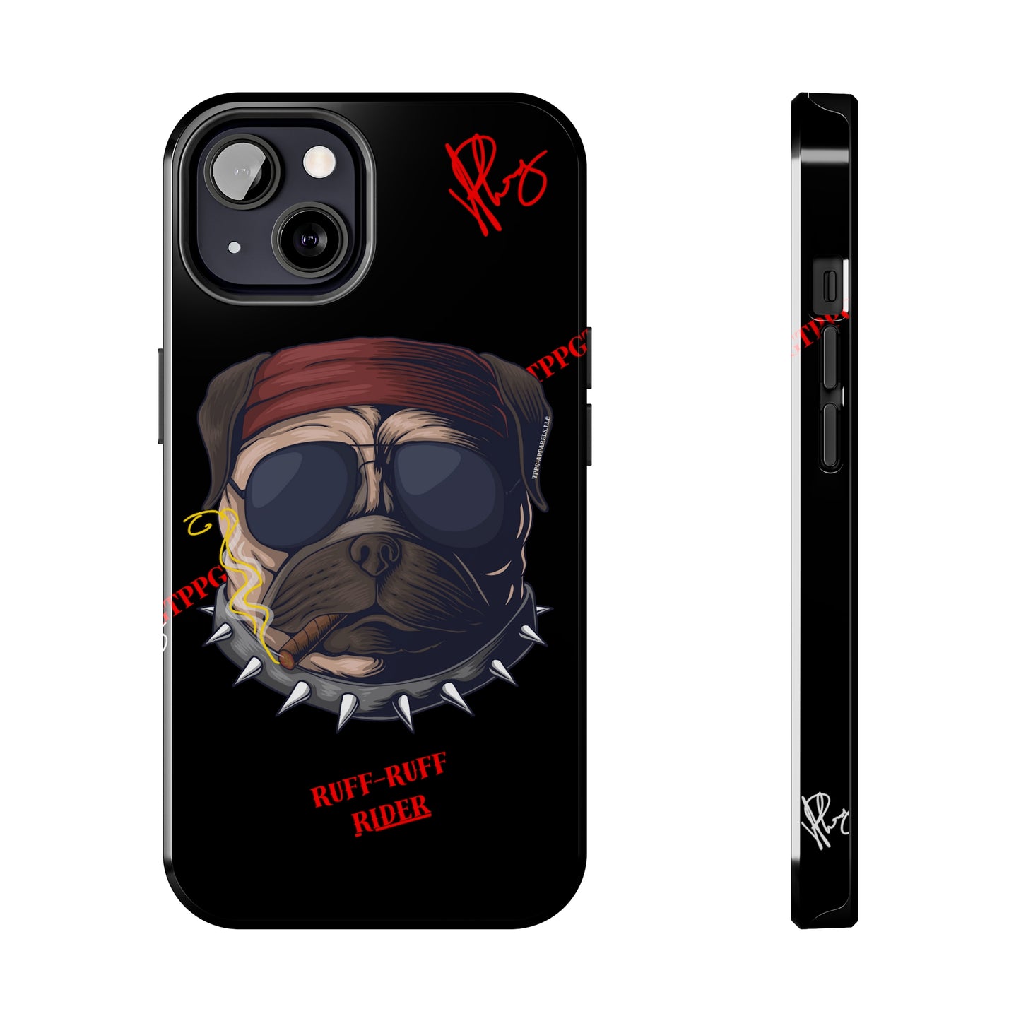 This Tough Design of A "Ruff Rider" with a Black Base Color - Cute Pet Design for Dog Owners Verision from the 'TPPG Collection' Line carries Several sizes of the "iPhone Series" Tough Phone Cases