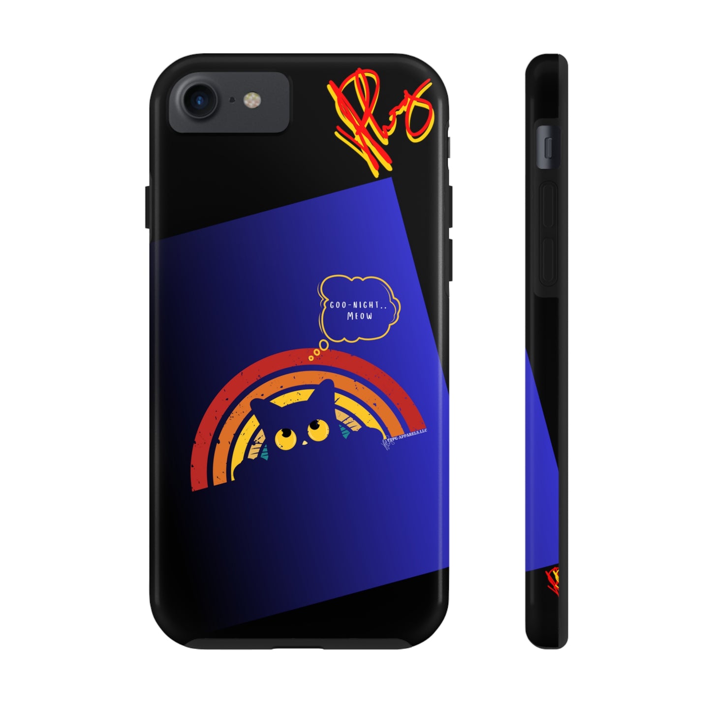 Our Cutest "Goo Night Meow.." Pet Designs (in a Bold Purple/Blue/Black Base Color) Verision from the 'TPPG Collection' Line carries Several sizes of the "iPhone Series" Tough Phone Cases