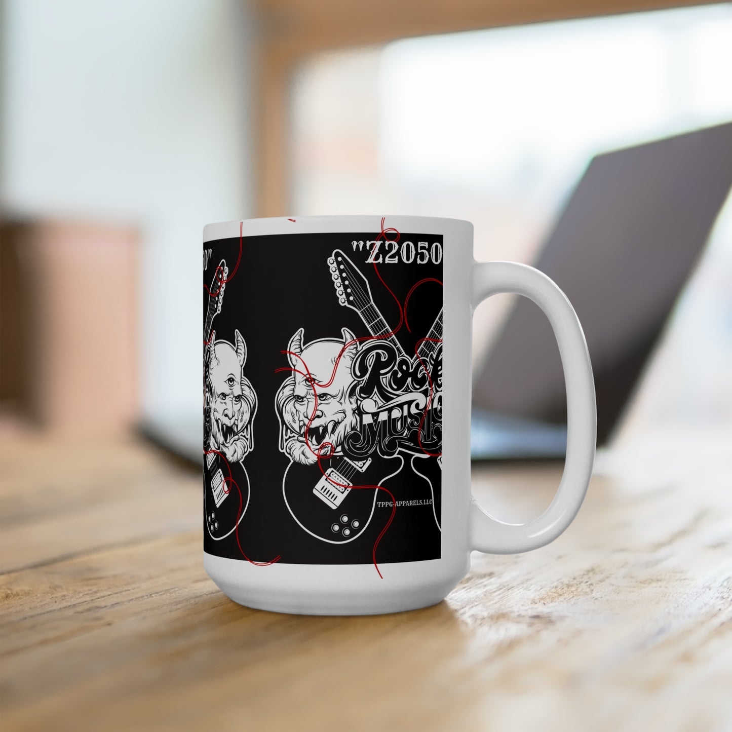 White 15oz Unique "Rock Music" Style Ceramic Mug - by the 'TPPG-Apparels' Brand Collection