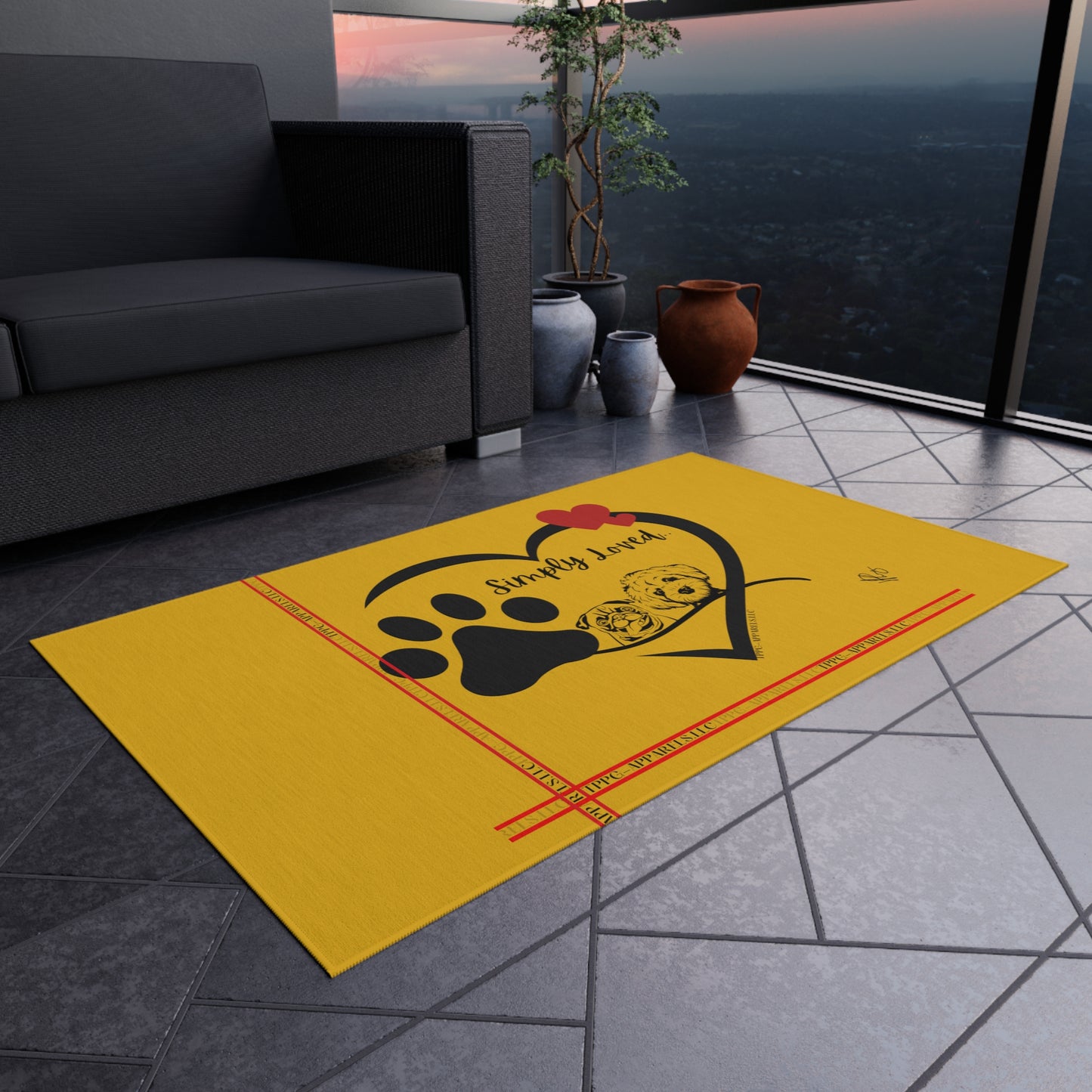 Adorable Pup/Dog Design ('Simply Loved') Sunny Yellow Durable & Non-Slip Outdoor Rug