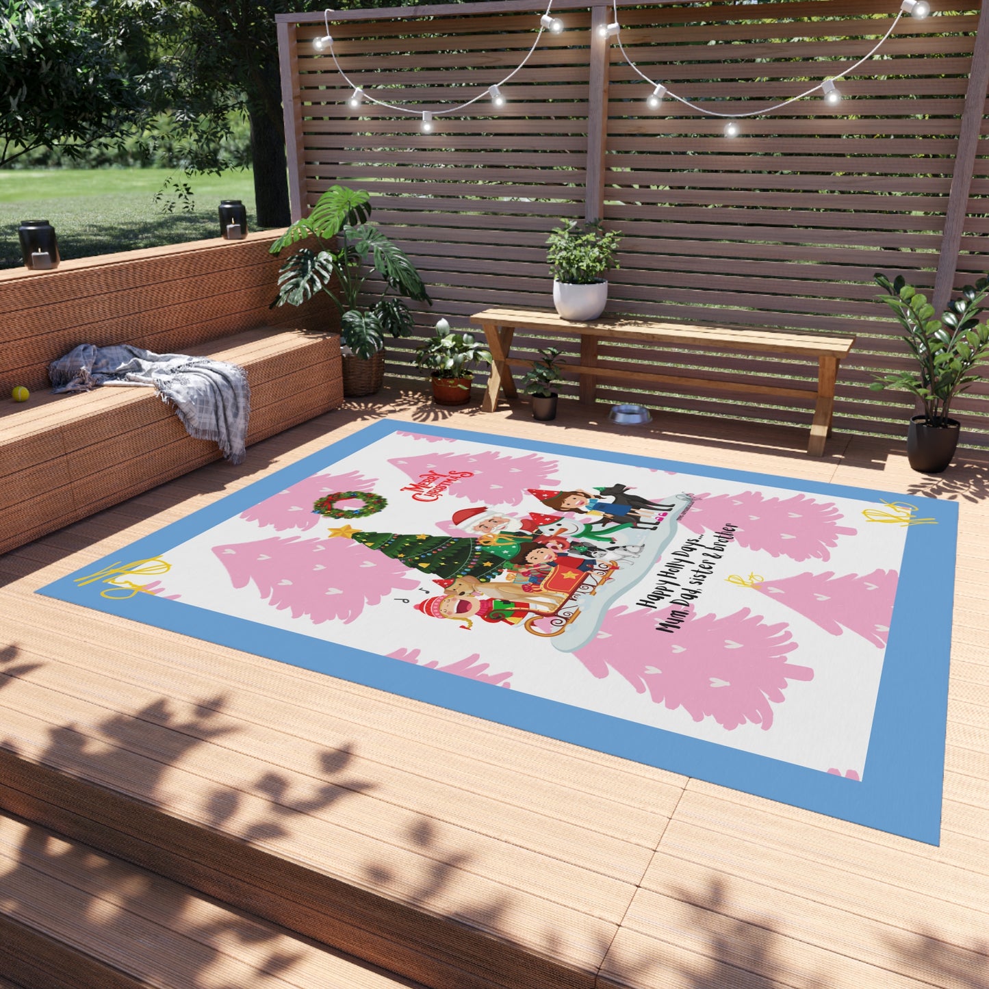 Pink/Light Blue Durable Outdoor Rug-'TPPG Holiday/Christmas Collection"