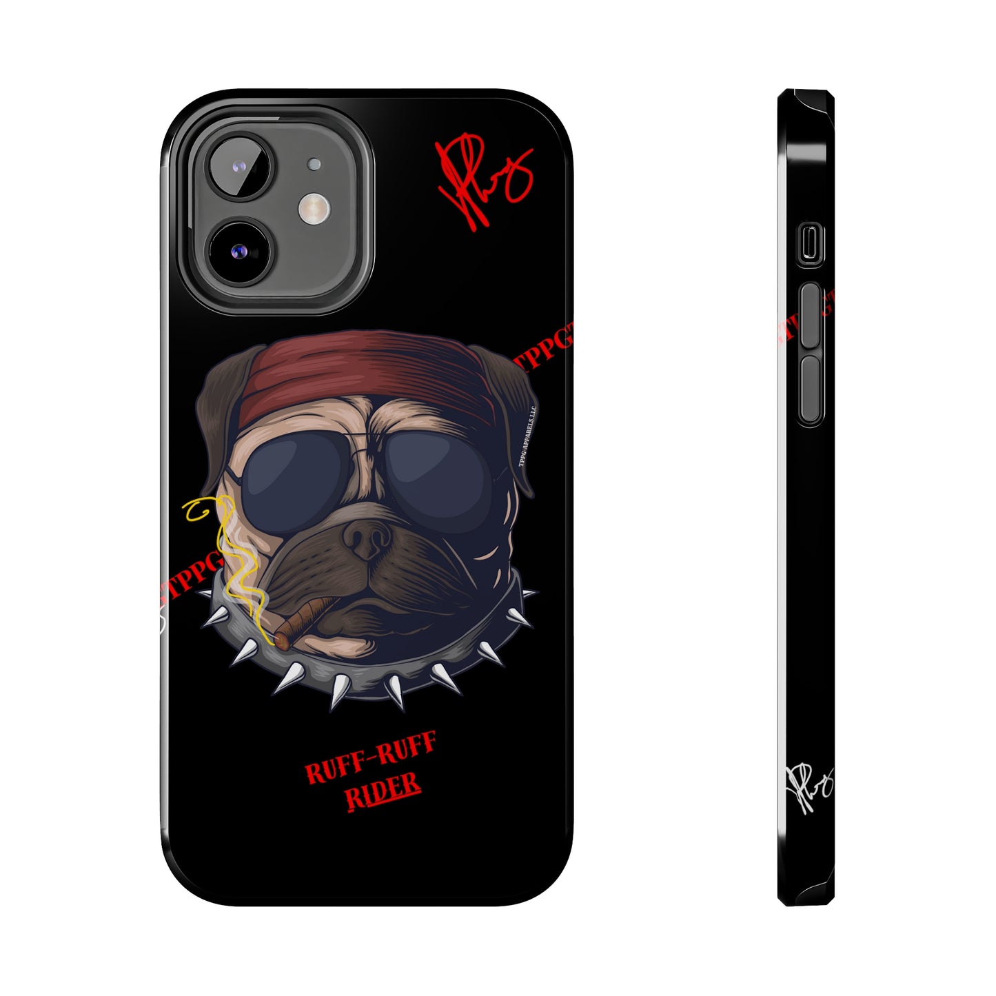 This Tough Design of A "Ruff Rider" with a Black Base Color - Cute Pet Design for Dog Owners Verision from the 'TPPG Collection' Line carries Several sizes of the "iPhone Series" Tough Phone Cases