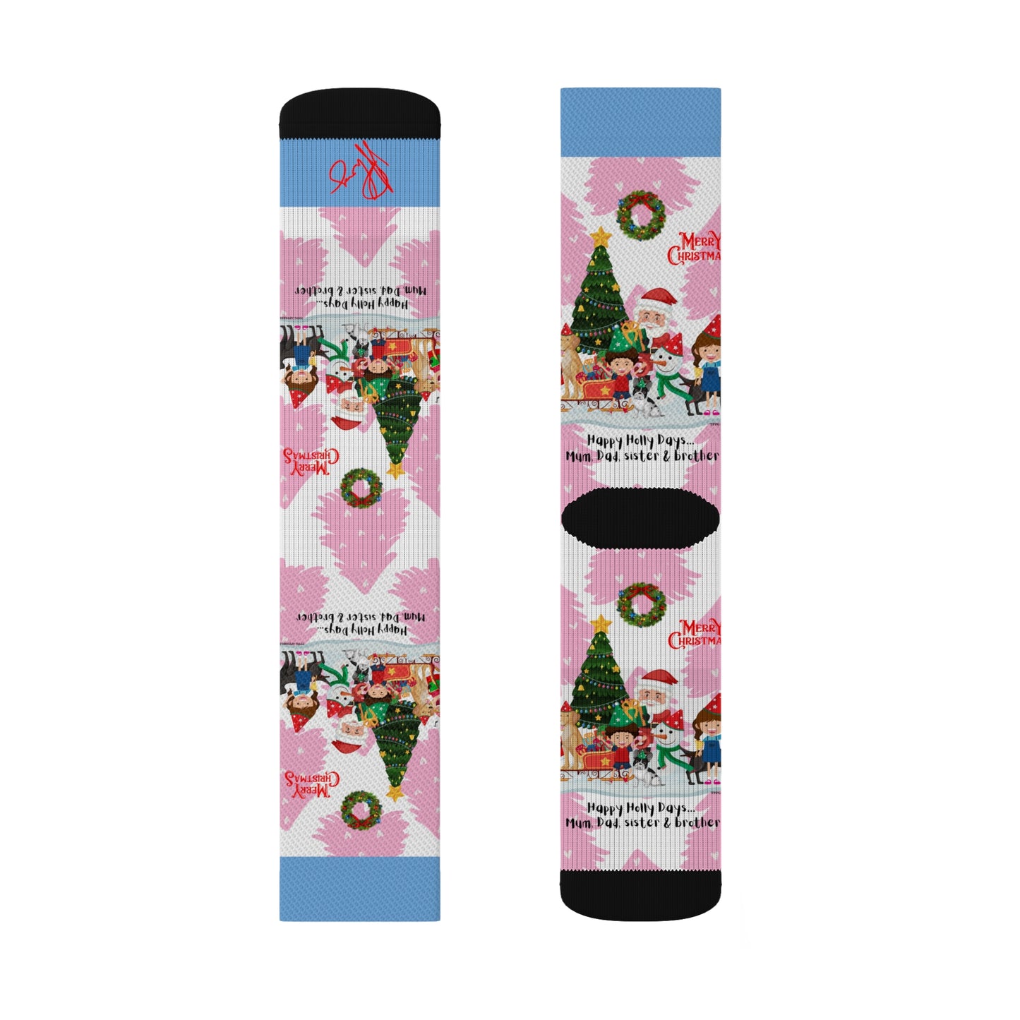 Humorous Sleek High Quality Cushioned "Holiday/Christmas" 'TPPG Brand' - Pink/Lt. Blue/White multi-color Holiday Style Socks