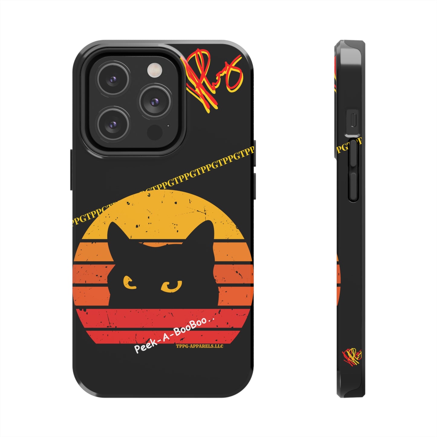 One of our Cutest Cat "Peek-A-BOOO.." Pet Designs (in a Bold Yellow/Orange/Red Base Colors) Verision from the 'TPPG Collection' Line carries Several sizes of the "iPhone Series" Tough Phone Cases