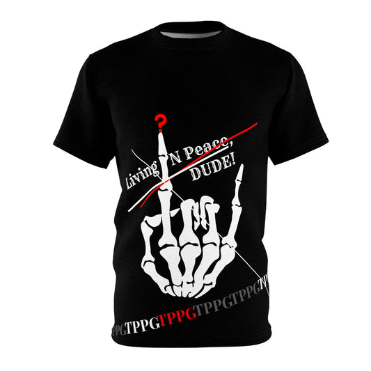 "TPPG-Apparels" Presents a Humorous Fingers Up -'Living 'N' Peace DUDE!" Black Sleek 'Tagless' Premium Style Casual Unisex T-Shirt