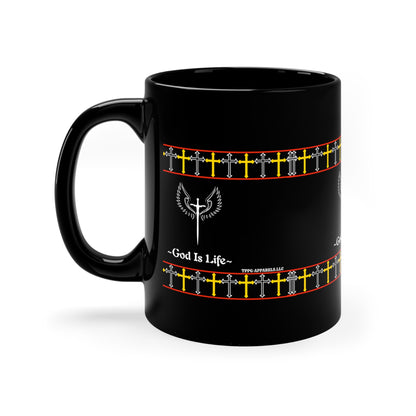 This Sleek 11oz Black "God Is Life" Glossy Style Mug - from the 'TPPG-Apparels' Brand Collection