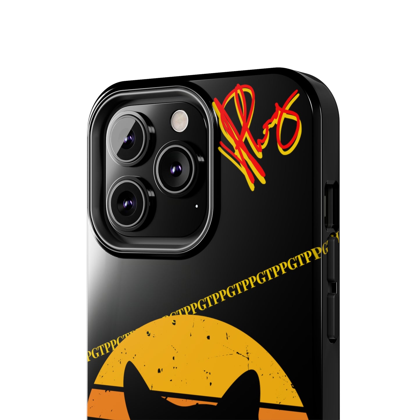 One of our Cutest Cat "Peek-A-BOOO.." Pet Designs (in a Bold Yellow/Orange/Red Base Colors) Verision from the 'TPPG Collection' Line carries Several sizes of the "iPhone Series" Tough Phone Cases