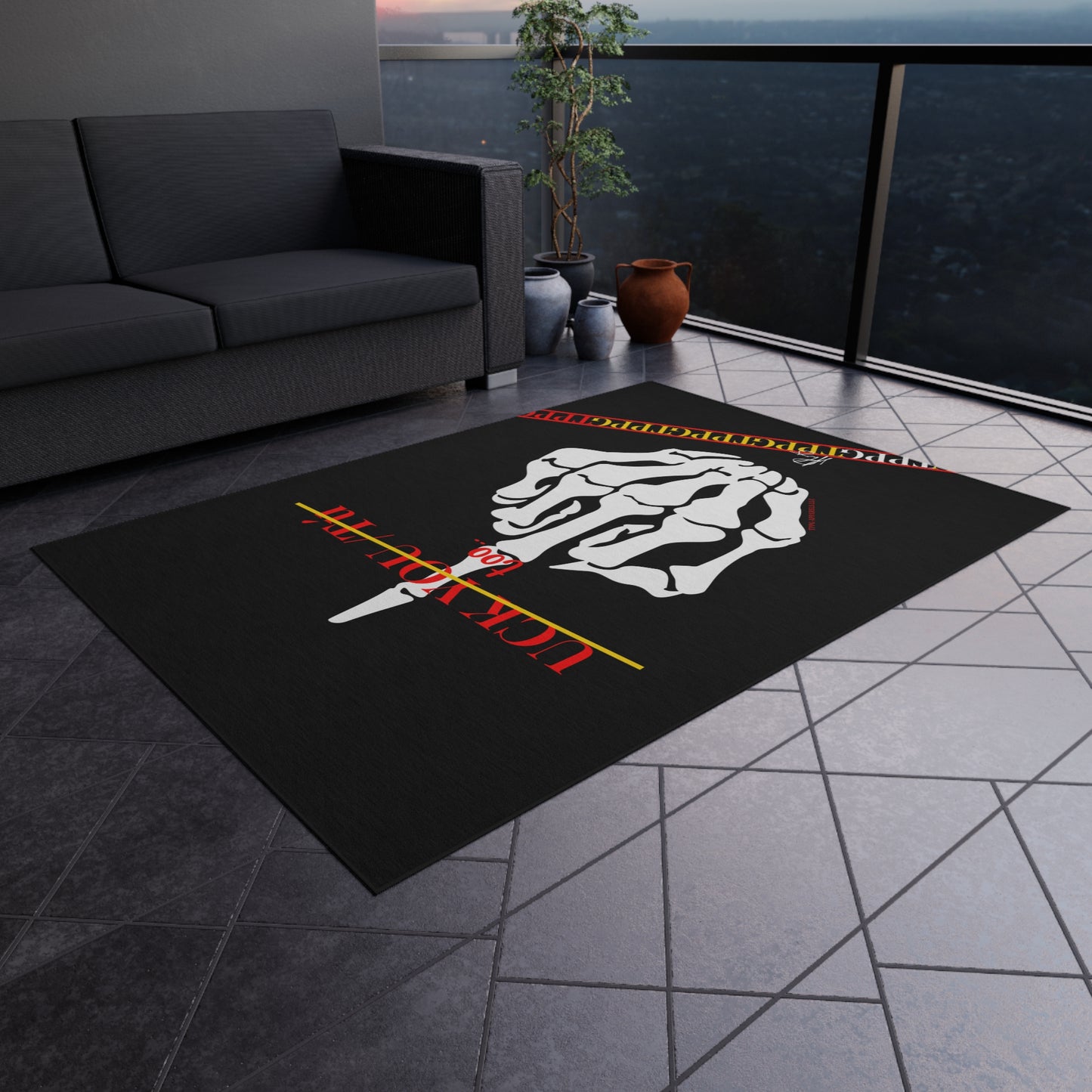 'TPPG Skelton Rock Design ('Uck You Tú')-Jet Black Durable & Non-Slip Outdoor Rug