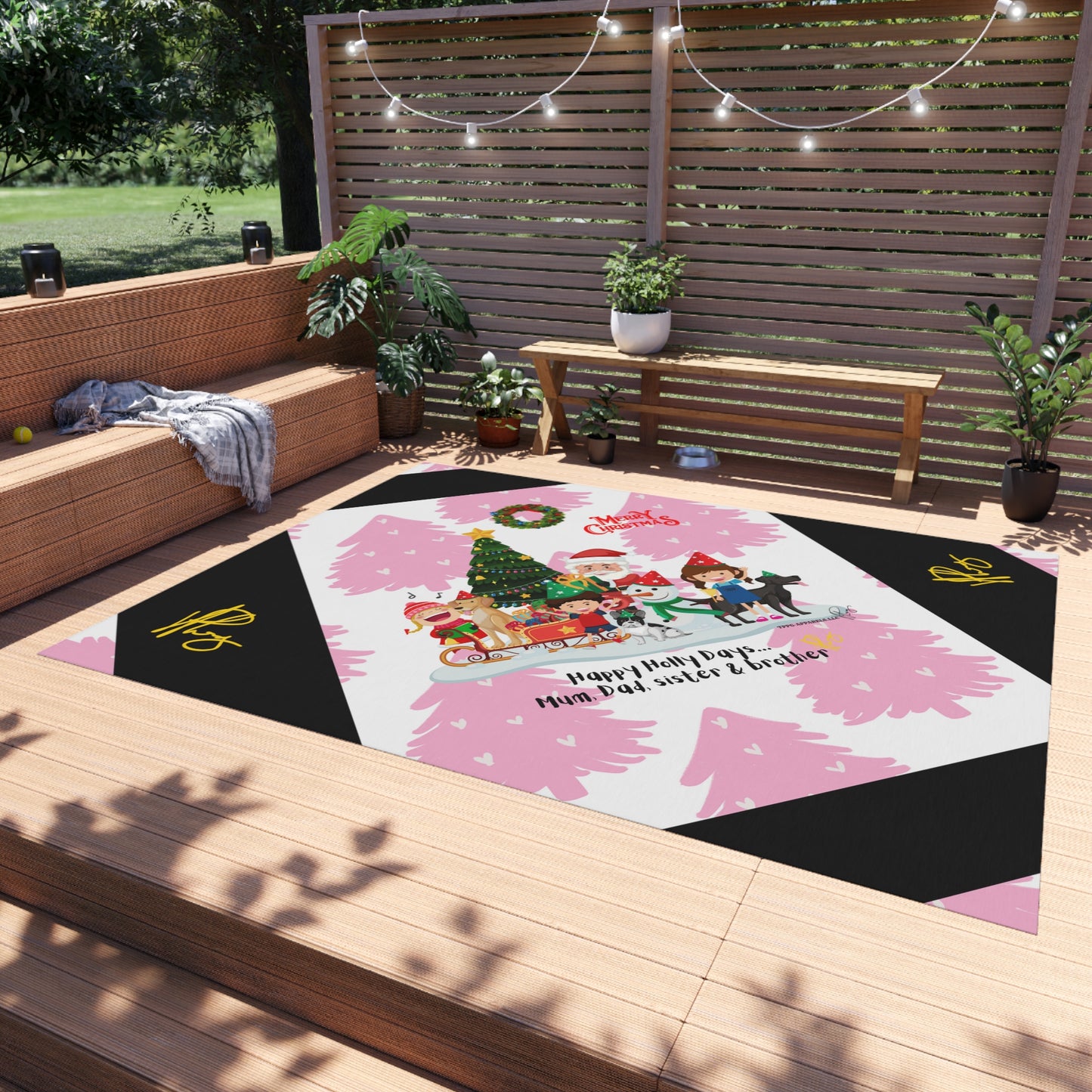 'TPPG Holiday/Christmas Collection"-Design on a Pink/Black Multi-Color Durable Outdoor Rug