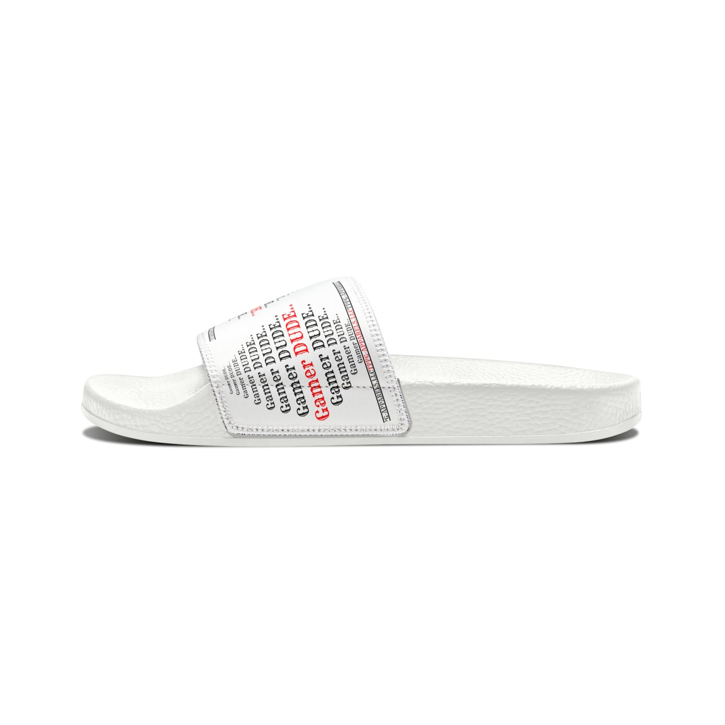 These are our "TPPG Brand" White Top/White or Black Soles "Gamer" Printed Men/Women's & Children Slide Sandals