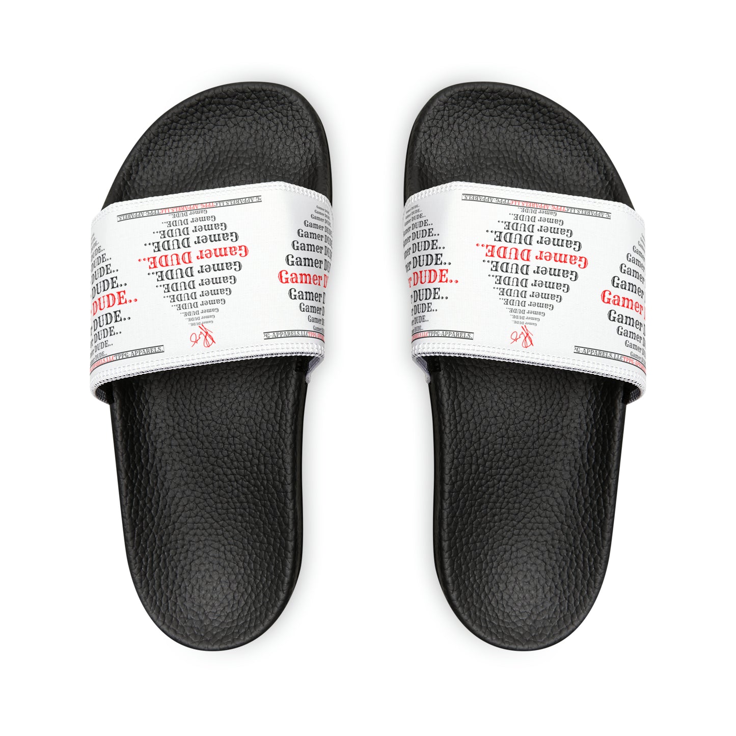 These are our "TPPG Brand" White Top/White or Black Soles "Gamer" Printed Men/Women's & Children Slide Sandals