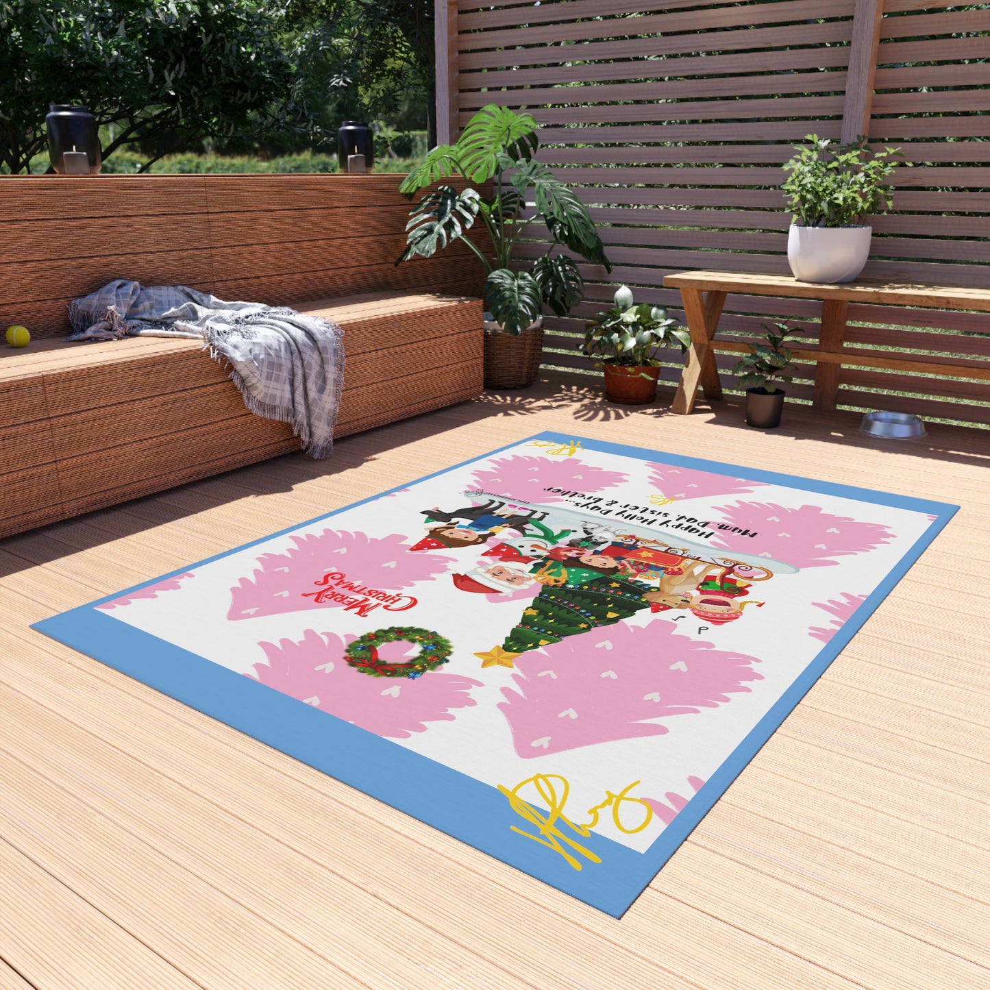 Pink/Light Blue Durable Outdoor Rug-'TPPG Holiday/Christmas Collection"