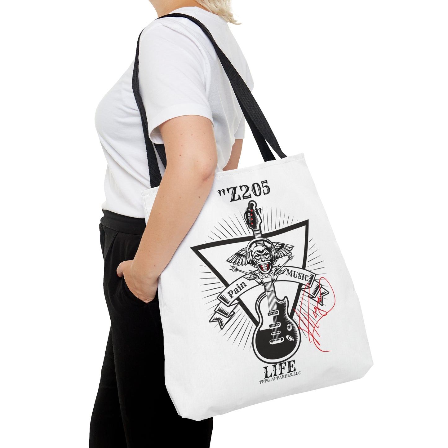 Our 'Z2050 Rock Music' 3 sizes Totes-White front facing Style Design Tote Bag from the 'TPPG-Apparel Z2050 Rock Music' Brand Collection