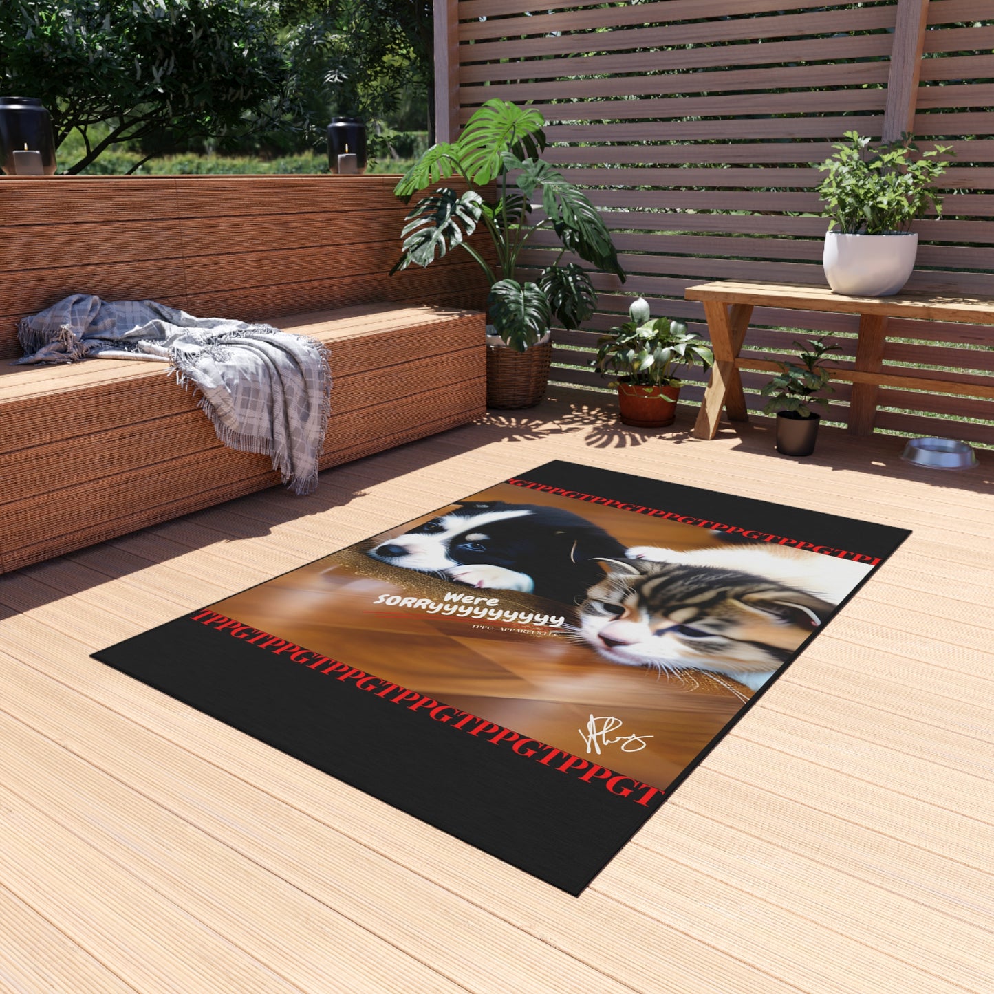 Durable Non-Slip Outdoor Carpet/Rug ('We're Sorryyyyyy') Cat Design (Black Background)