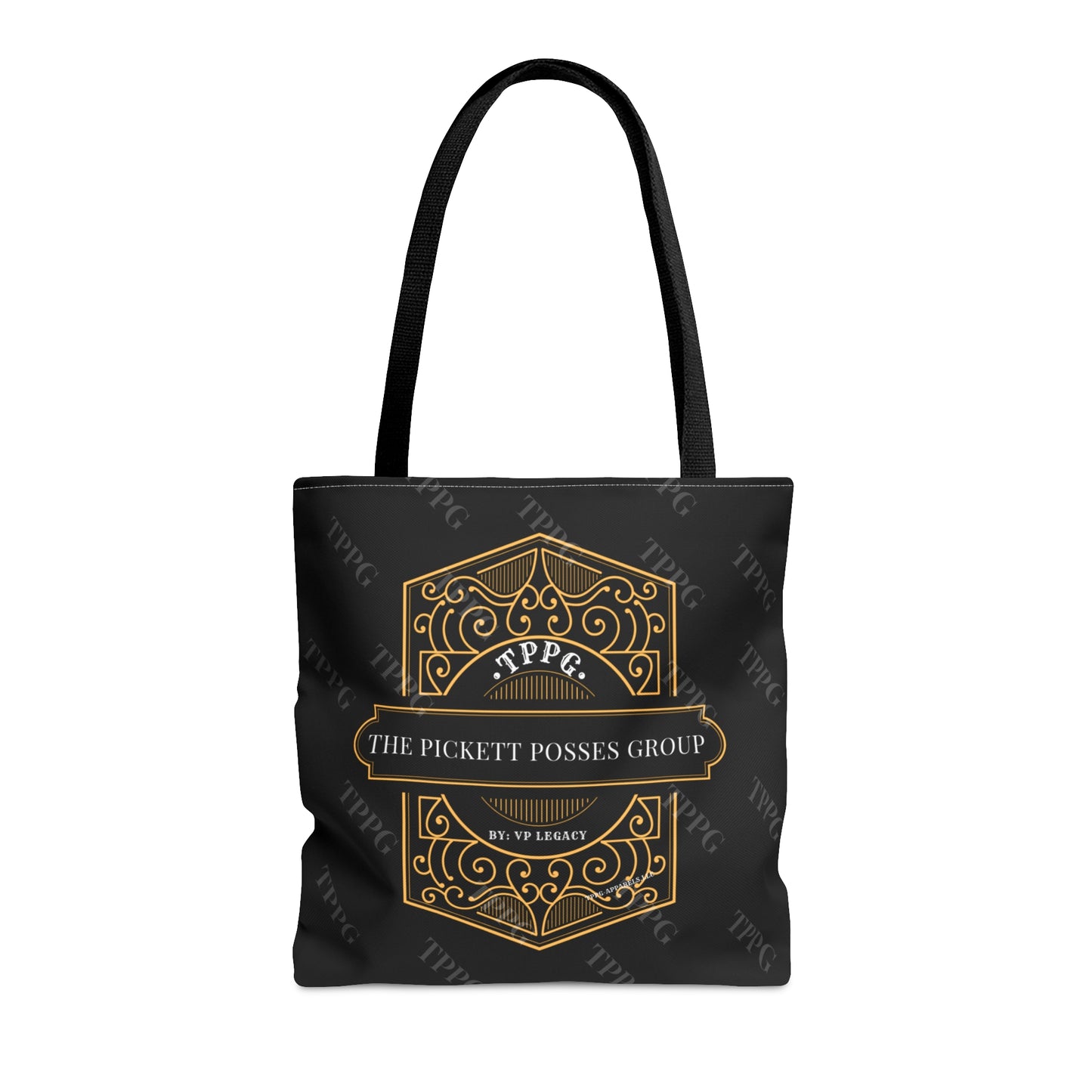 3 sizes-Sleek 'TPPG-Apparel' Brand Style Tote Bag w/Gold Crest on Front facing