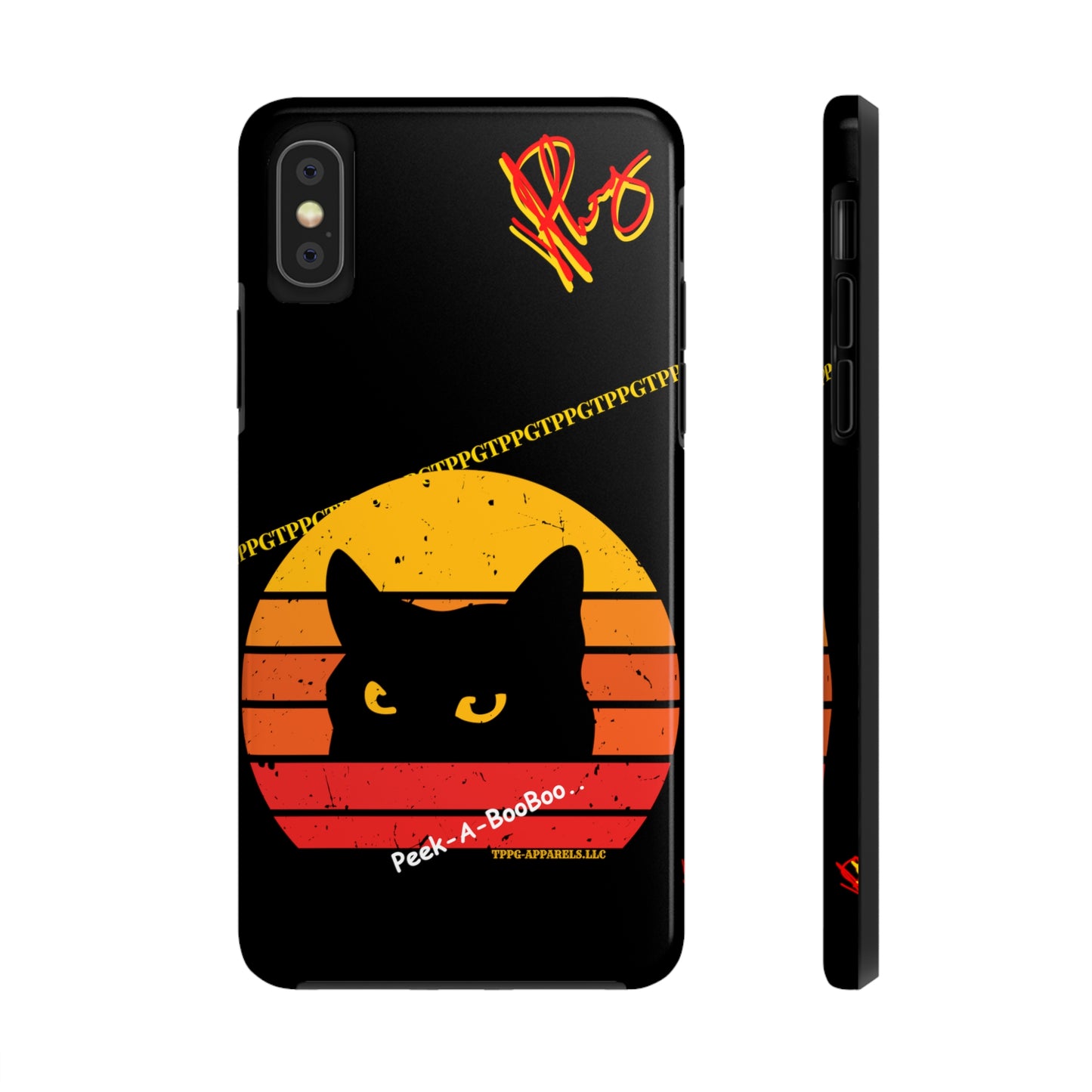 One of our Cutest Cat "Peek-A-BOOO.." Pet Designs (in a Bold Yellow/Orange/Red Base Colors) Verision from the 'TPPG Collection' Line carries Several sizes of the "iPhone Series" Tough Phone Cases