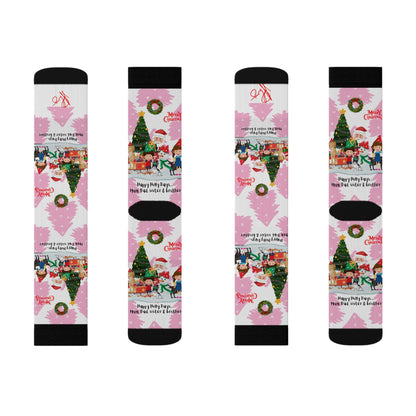 Humorous Sleek High Quality Cushioned "Holiday/Christmas" 'TPPG Brand' - Pink/Black/White multi-color Holiday Style Socks