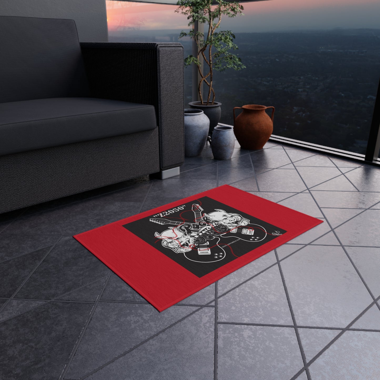 Sleek ('Z2050 Rock Music') Red & Black Durable & Non-Slip Outdoor Rug