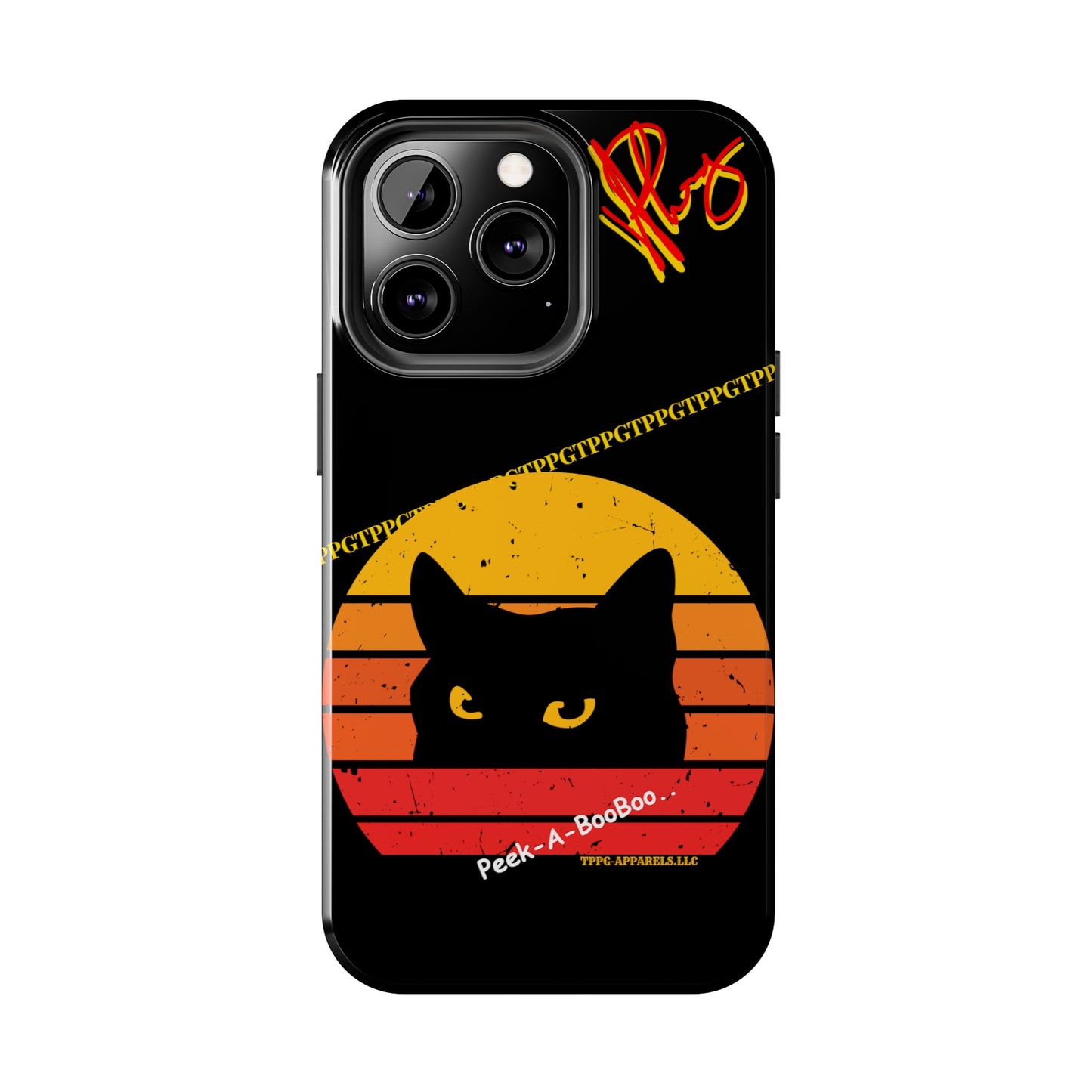 One of our Cutest Cat "Peek-A-BOOO.." Pet Designs (in a Bold Yellow/Orange/Red Base Colors) Verision from the 'TPPG Collection' Line carries Several sizes of the "iPhone Series" Tough Phone Cases