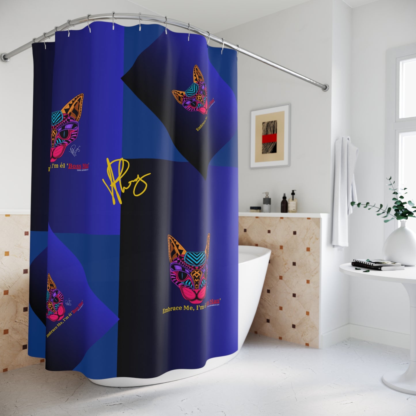 This is a Sleek "Boss Cat" Polyester Designer Style/ "TPPG-Apparels" Brand Shower Curtain