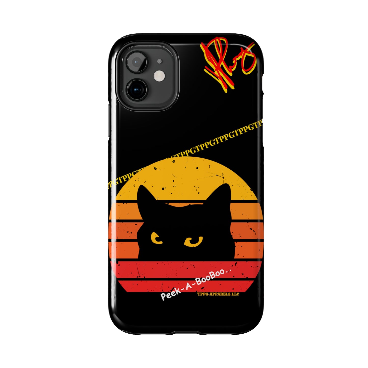 One of our Cutest Cat "Peek-A-BOOO.." Pet Designs (in a Bold Yellow/Orange/Red Base Colors) Verision from the 'TPPG Collection' Line carries Several sizes of the "iPhone Series" Tough Phone Cases