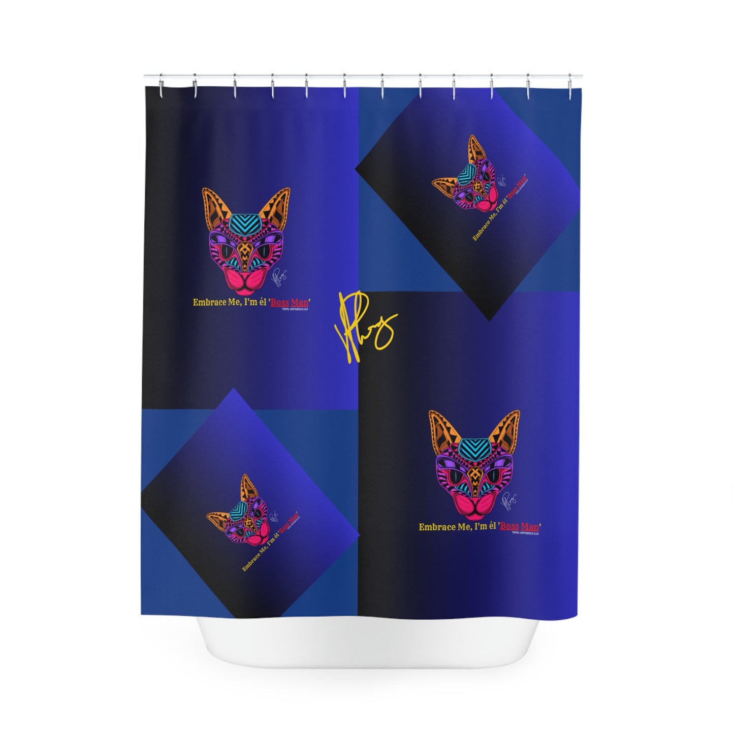 This is a Sleek "Boss Cat" Polyester Designer Style/ "TPPG-Apparels" Brand Shower Curtain