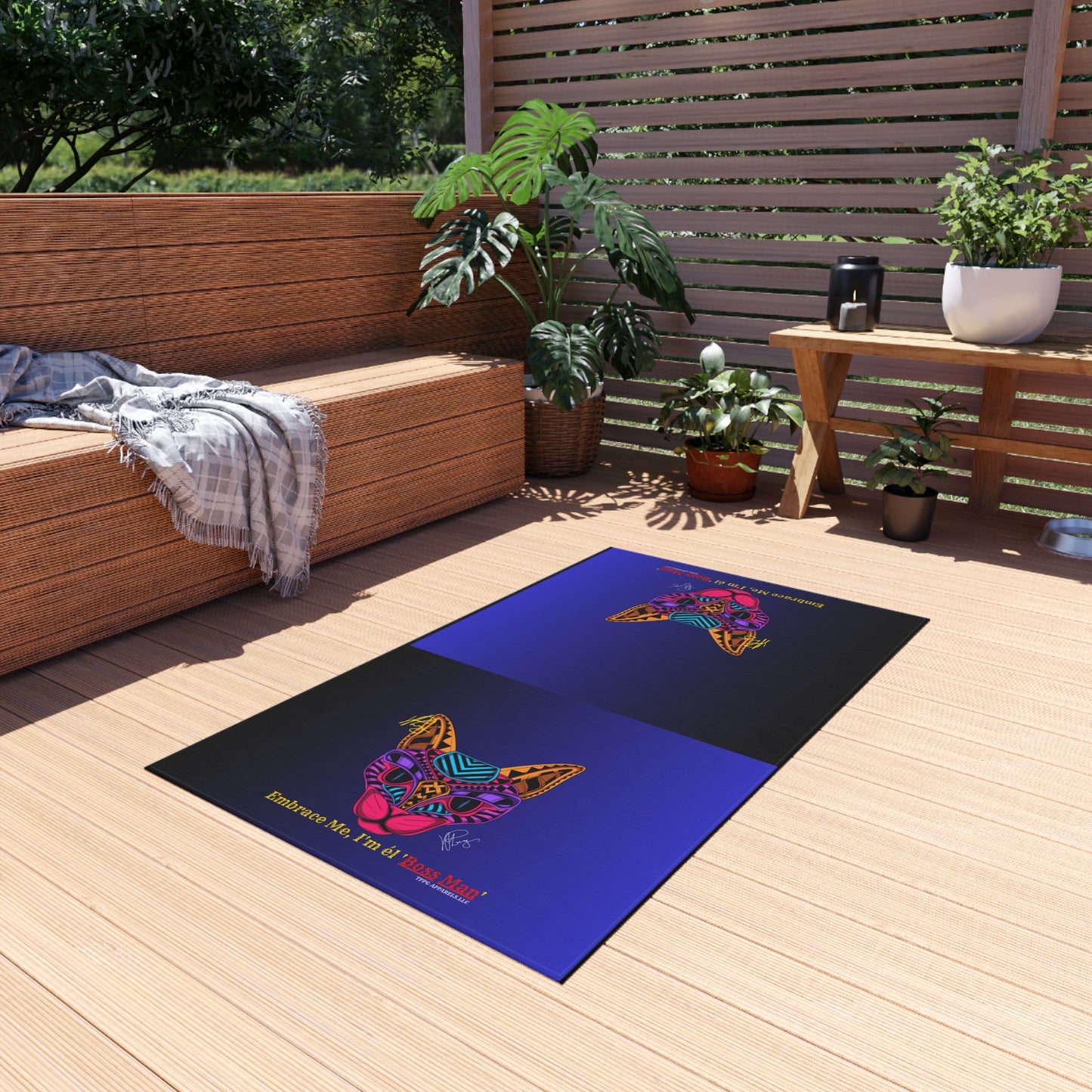 Durable Dark Multi-Color Outdoor Rug/Carpet-'Cat-Boss Man' Style Design