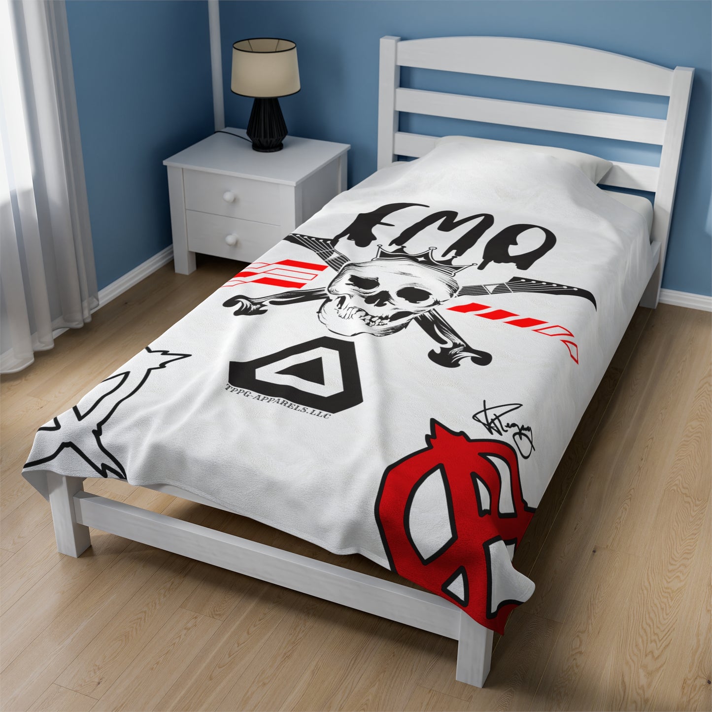 "TPPG-Apparels" Brand Presents one of it's "EMO" Brand Logo Styles White Velveteen Plush Blanket