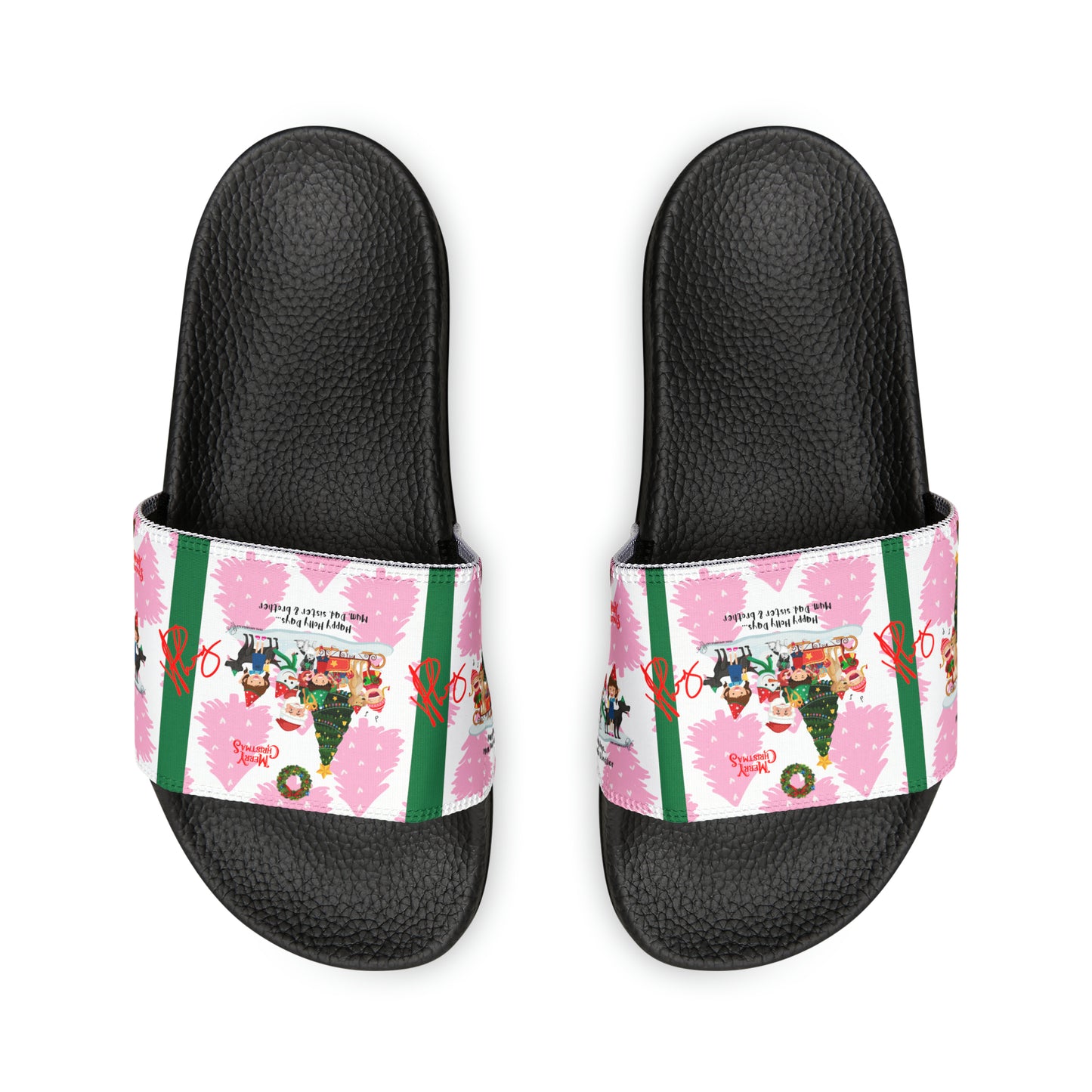 Our "TPPG Brand" White Top/White or Black Soles "Holiday" Printed Men/Women's & Children Slide Sandals