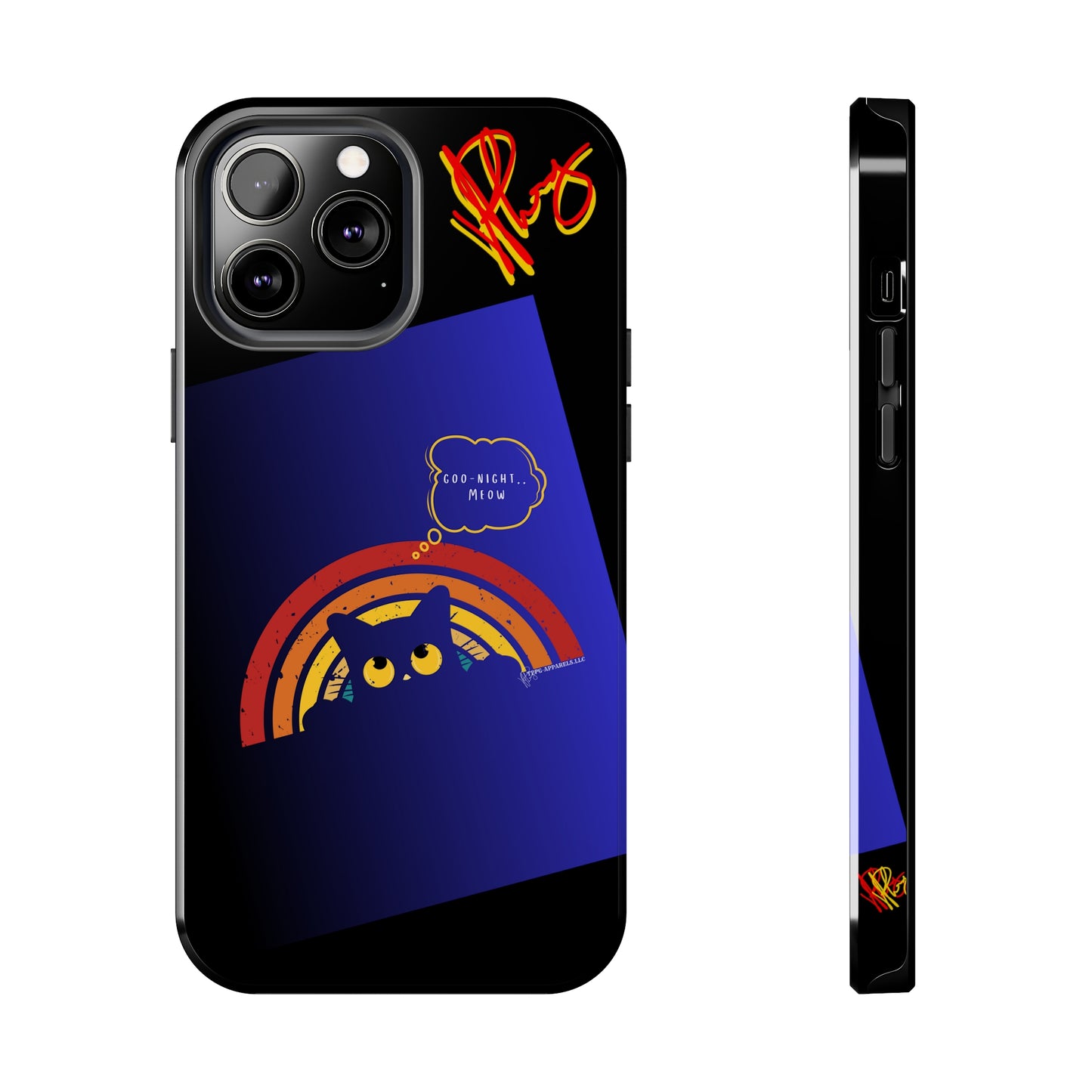 Our Cutest "Goo Night Meow.." Pet Designs (in a Bold Purple/Blue/Black Base Color) Verision from the 'TPPG Collection' Line carries Several sizes of the "iPhone Series" Tough Phone Cases