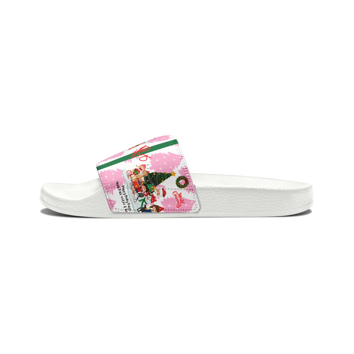 Our "TPPG Brand" White Top/White or Black Soles "Holiday" Printed Men/Women's & Children Slide Sandals