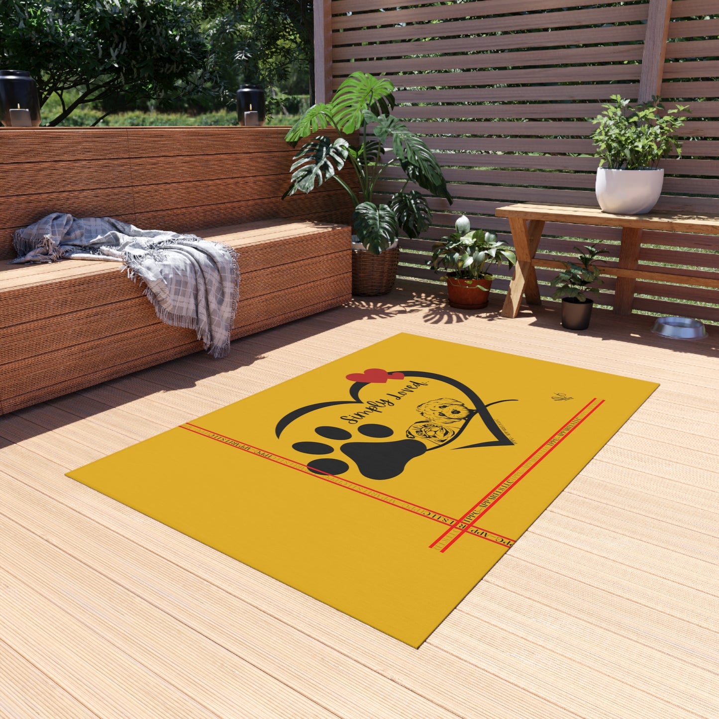 Adorable Pup/Dog Design ('Simply Loved') Sunny Yellow Durable & Non-Slip Outdoor Rug