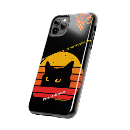 One of our Cutest Cat "Peek-A-BOOO.." Pet Designs (in a Bold Yellow/Orange/Red Base Colors) Verision from the 'TPPG Collection' Line carries Several sizes of the "iPhone Series" Tough Phone Cases