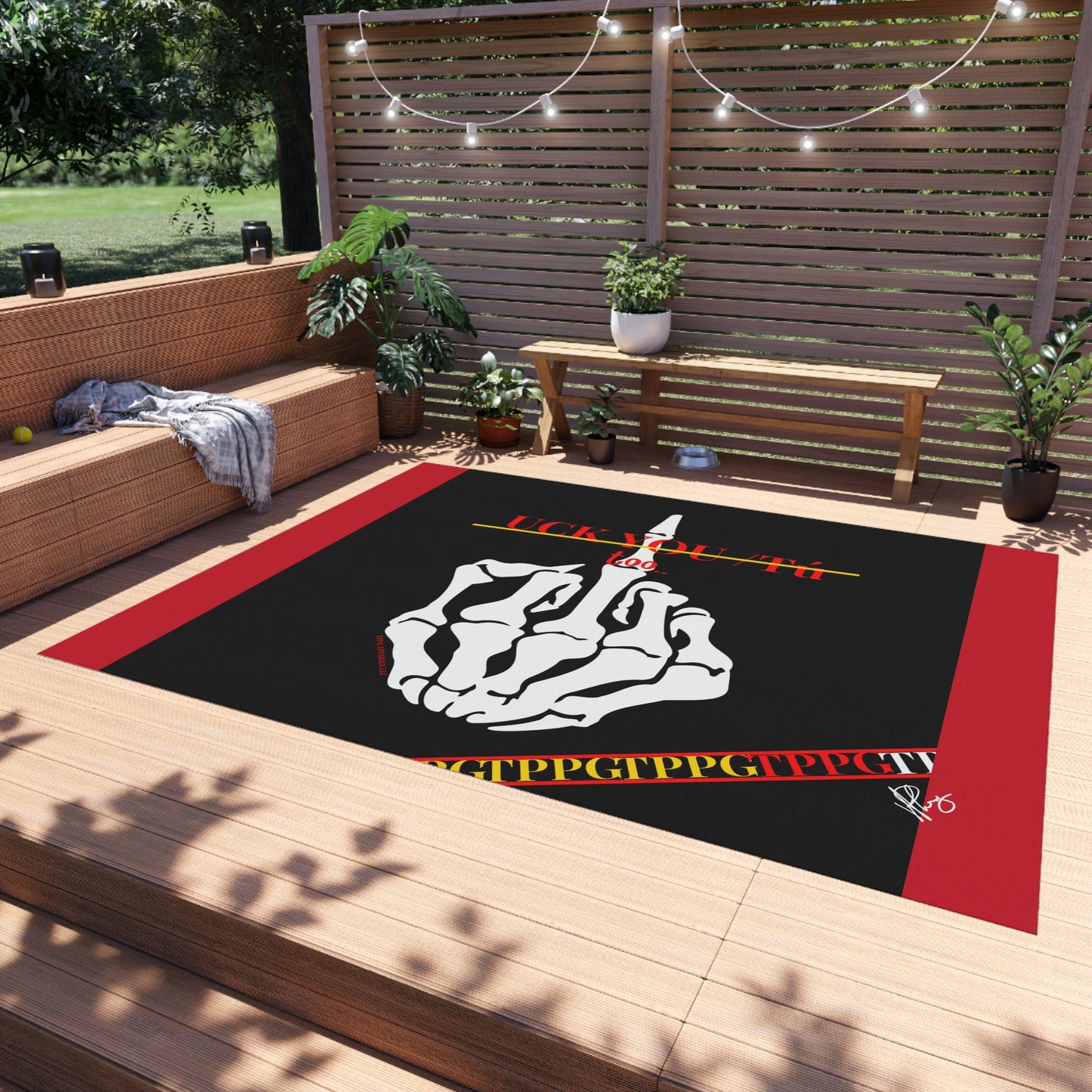 'TPPG'-Kool Rock Skelton Design ('Uck You Tú') Red/Black Durable & Non-Slip Outdoor Rug