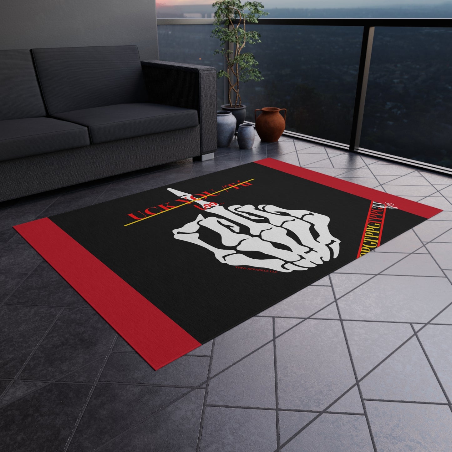 'TPPG'-Kool Rock Skelton Design ('Uck You Tú') Red/Black Durable & Non-Slip Outdoor Rug