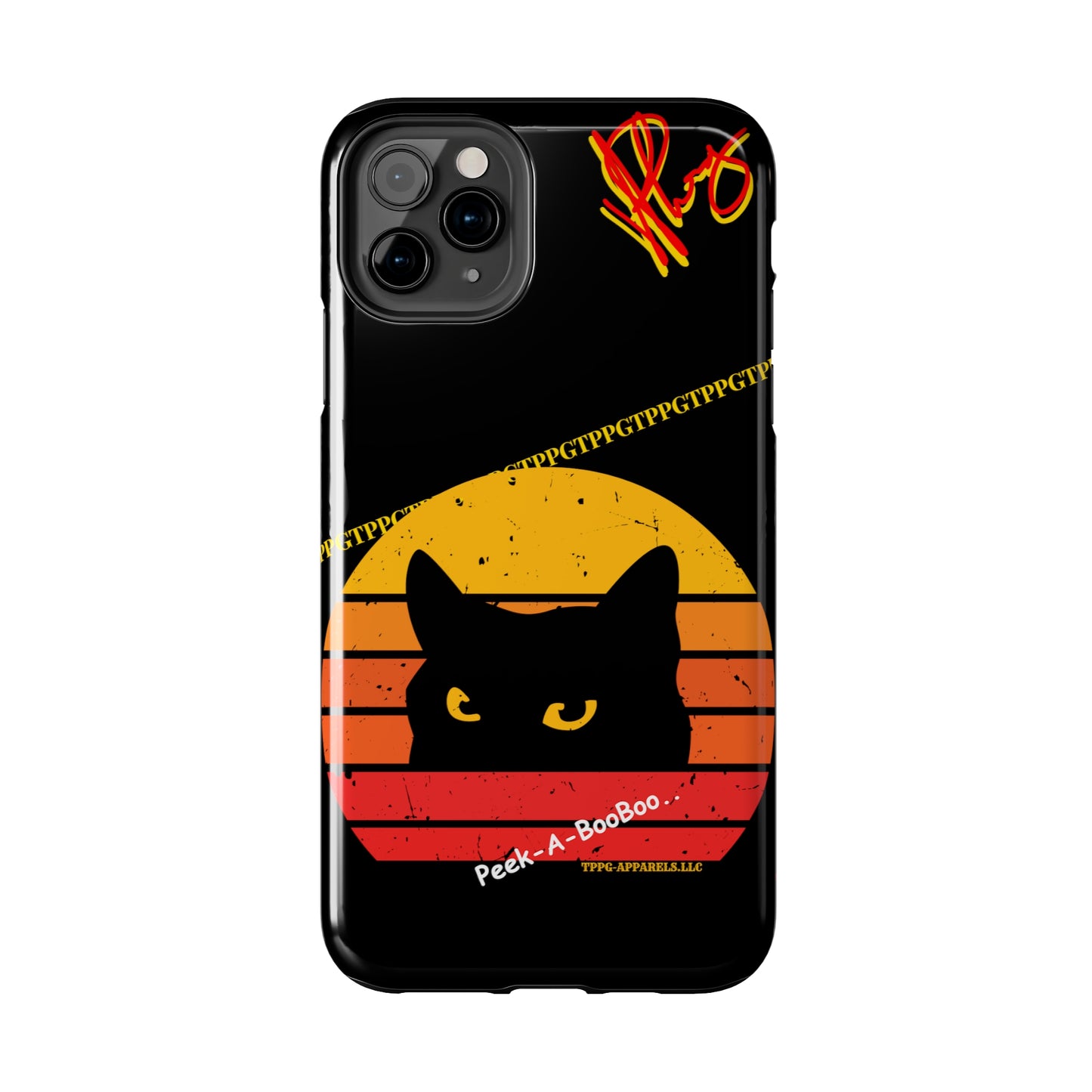 One of our Cutest Cat "Peek-A-BOOO.." Pet Designs (in a Bold Yellow/Orange/Red Base Colors) Verision from the 'TPPG Collection' Line carries Several sizes of the "iPhone Series" Tough Phone Cases