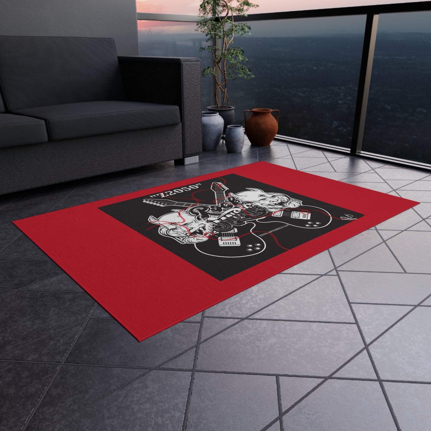 Sleek ('Z2050 Rock Music') Red & Black Durable & Non-Slip Outdoor Rug