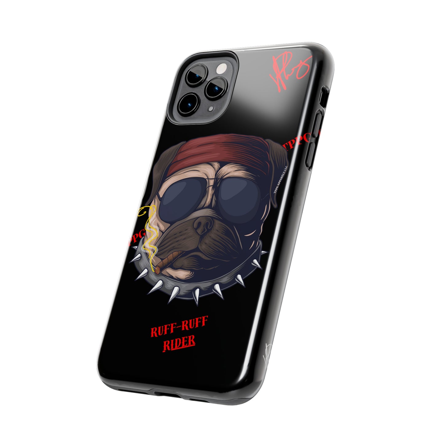 This Tough Design of A "Ruff Rider" with a Black Base Color - Cute Pet Design for Dog Owners Verision from the 'TPPG Collection' Line carries Several sizes of the "iPhone Series" Tough Phone Cases