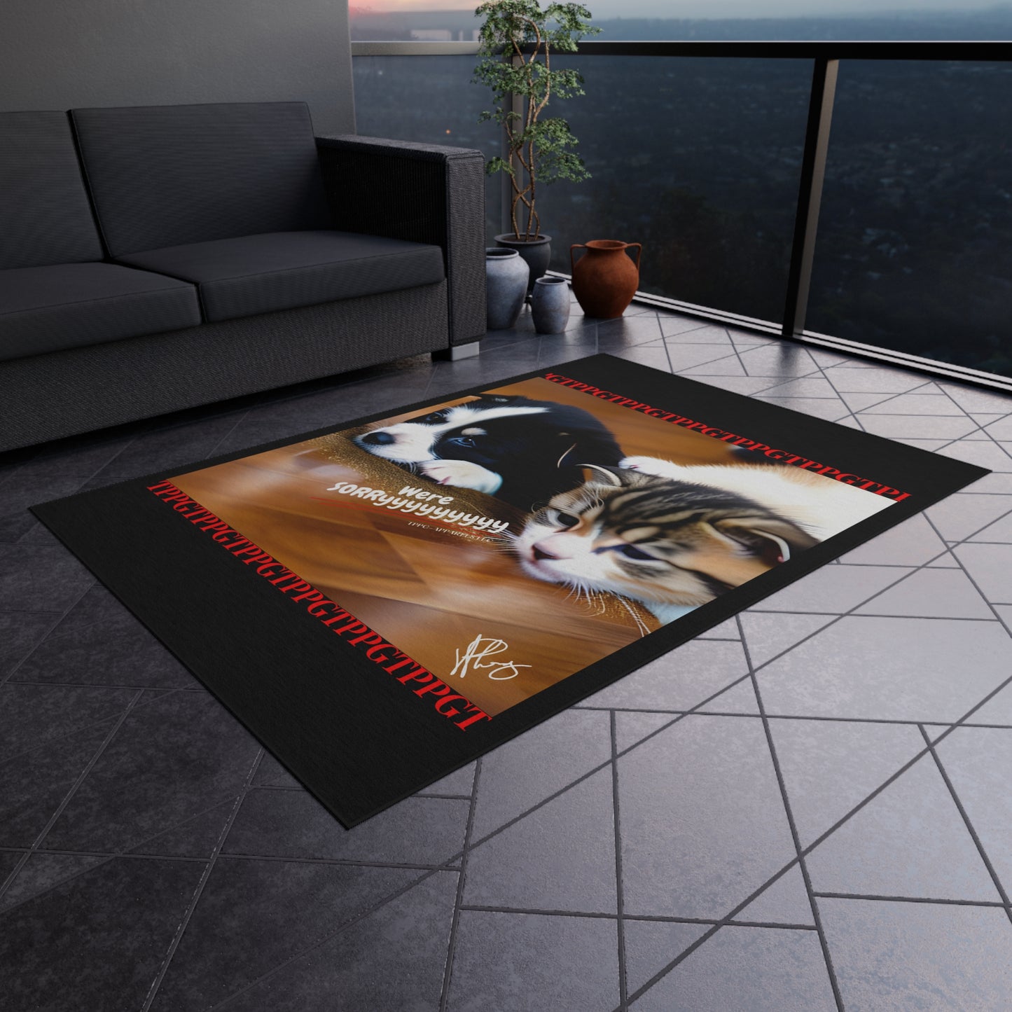 Durable Non-Slip Outdoor Carpet/Rug ('We're Sorryyyyyy') Cat Design (Black Background)