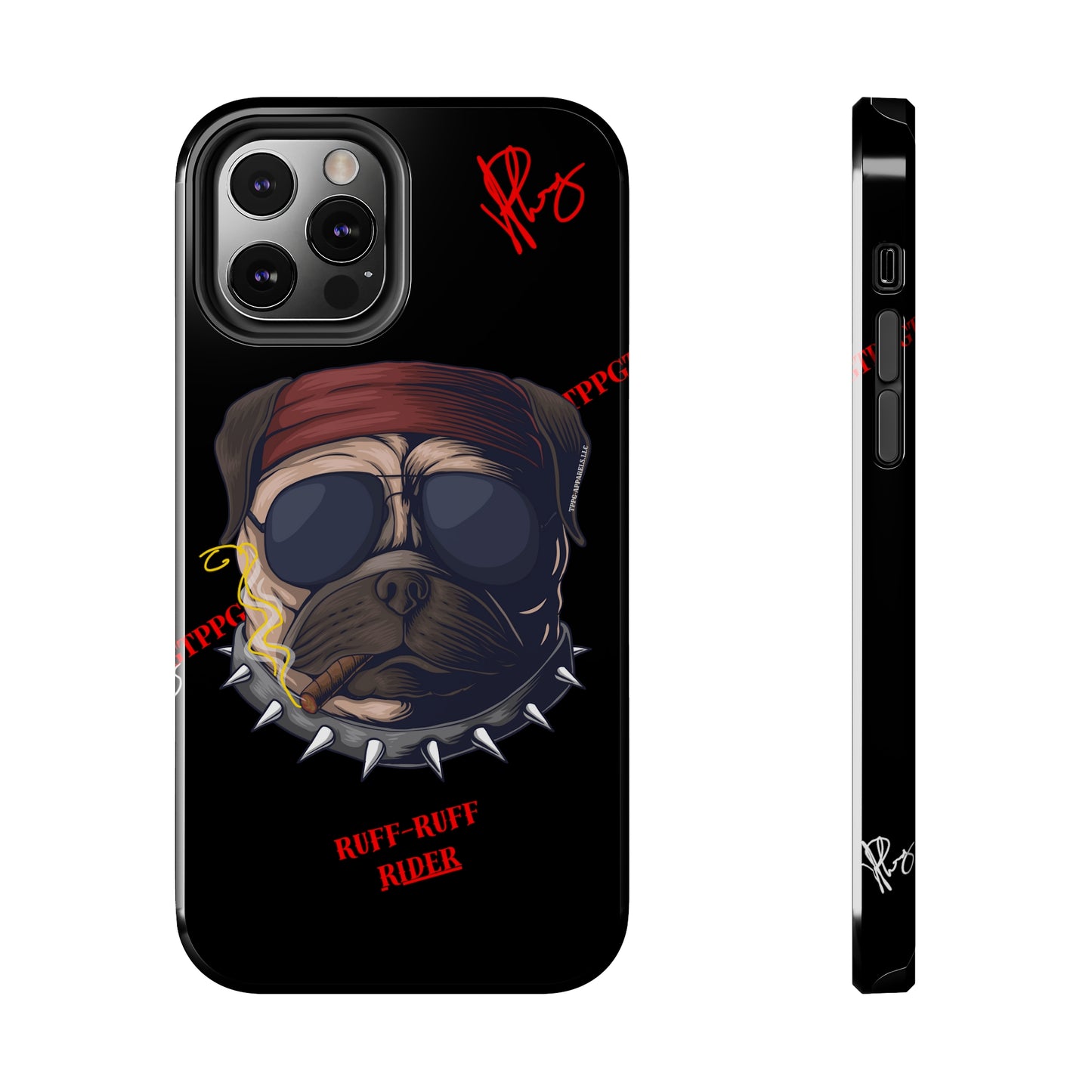 This Tough Design of A "Ruff Rider" with a Black Base Color - Cute Pet Design for Dog Owners Verision from the 'TPPG Collection' Line carries Several sizes of the "iPhone Series" Tough Phone Cases