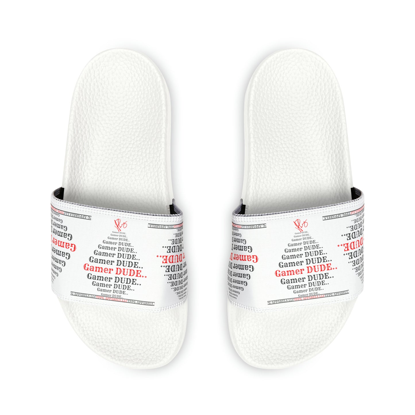 These are our "TPPG Brand" White Top/White or Black Soles "Gamer" Printed Men/Women's & Children Slide Sandals