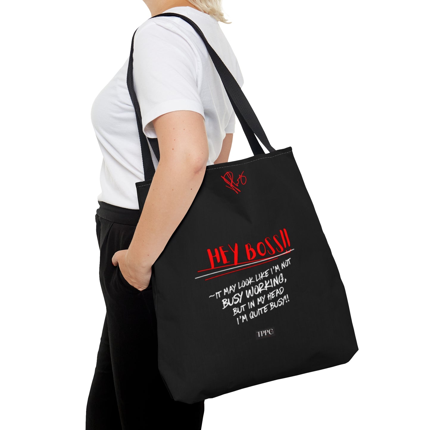 Fun 3 sizes - Black 'Hey, Boss' Handy 'Brand Quotable Design' - Front facing Style Design Tote Bag from the 'TPPG-Apparel' Brand Collection