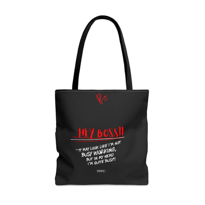 Fun 3 sizes - Black 'Hey, Boss' Handy 'Brand Quotable Design' - Front facing Style Design Tote Bag from the 'TPPG-Apparel' Brand Collection