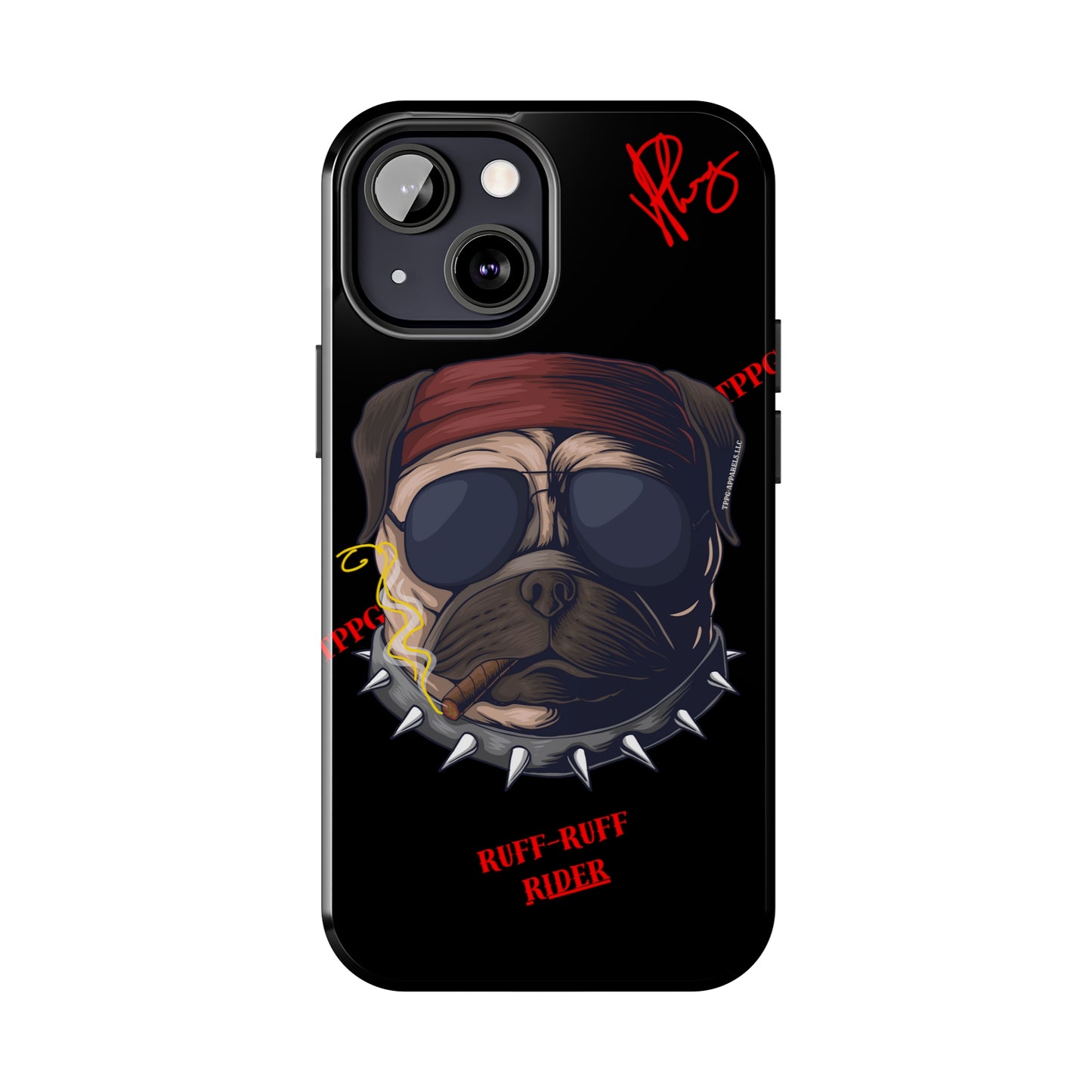 This Tough Design of A "Ruff Rider" with a Black Base Color - Cute Pet Design for Dog Owners Verision from the 'TPPG Collection' Line carries Several sizes of the "iPhone Series" Tough Phone Cases