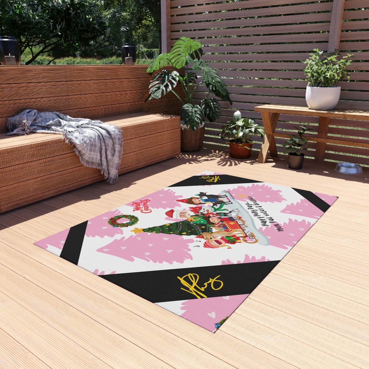 'TPPG Holiday/Christmas Collection"-Design on a Pink/Black Multi-Color Durable Outdoor Rug