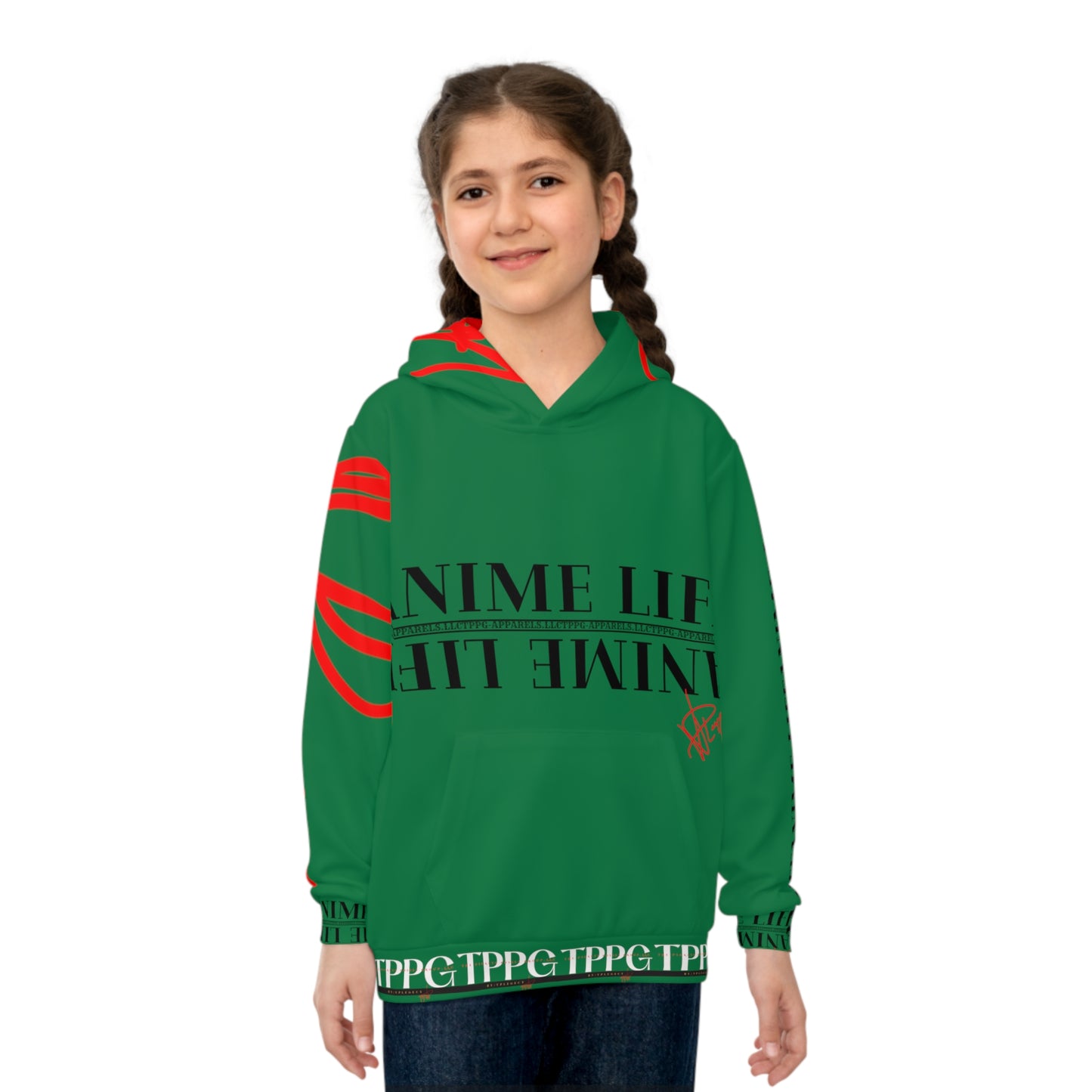 Children's (Dk. Green) "TPPG Anime Life & Logo" Hoodie in 6 sizes