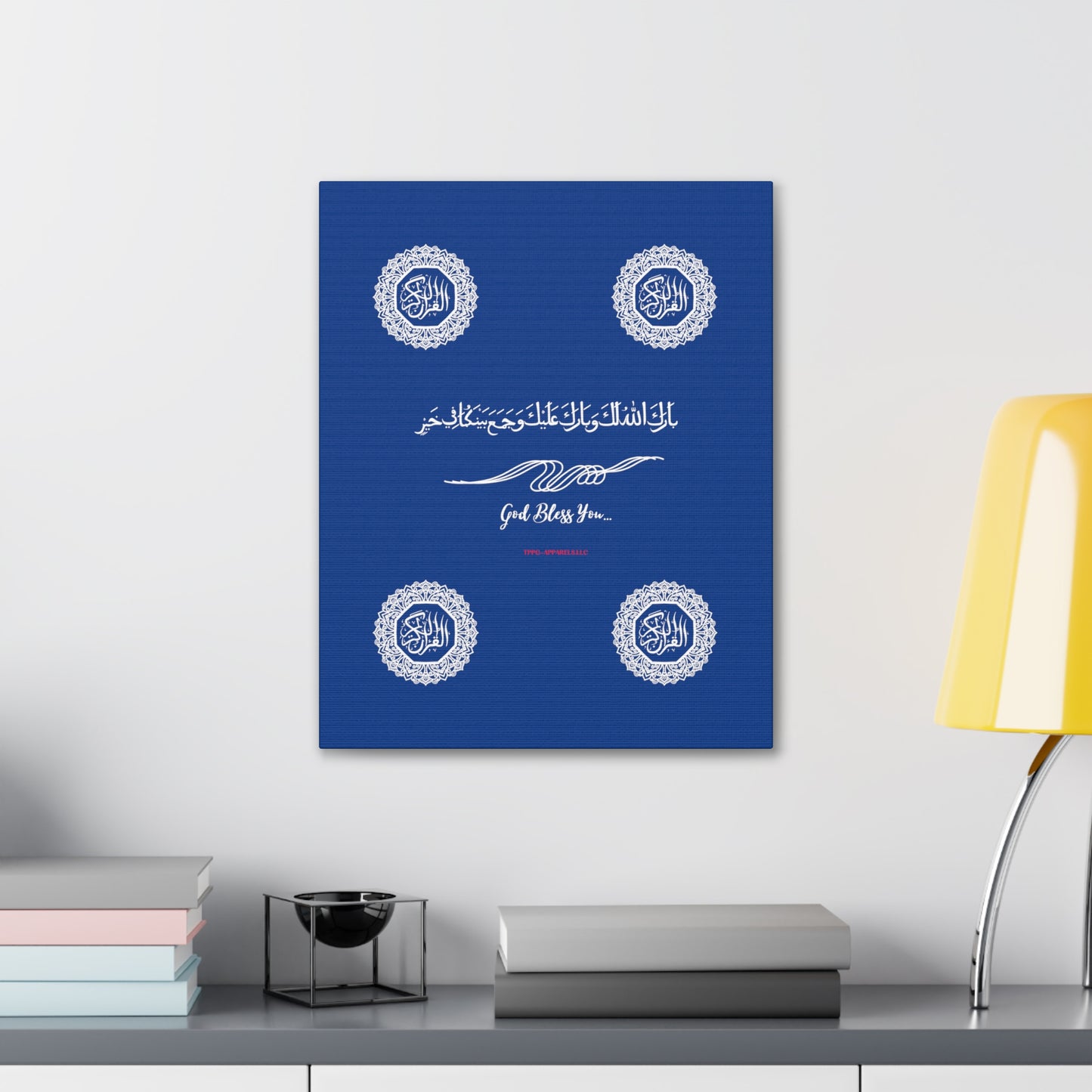 From our "TPPG Brand Arabic Faith Collection" - "Meaning:God Bless You.." Canvas Gallery Wraps in Dk Blue/White