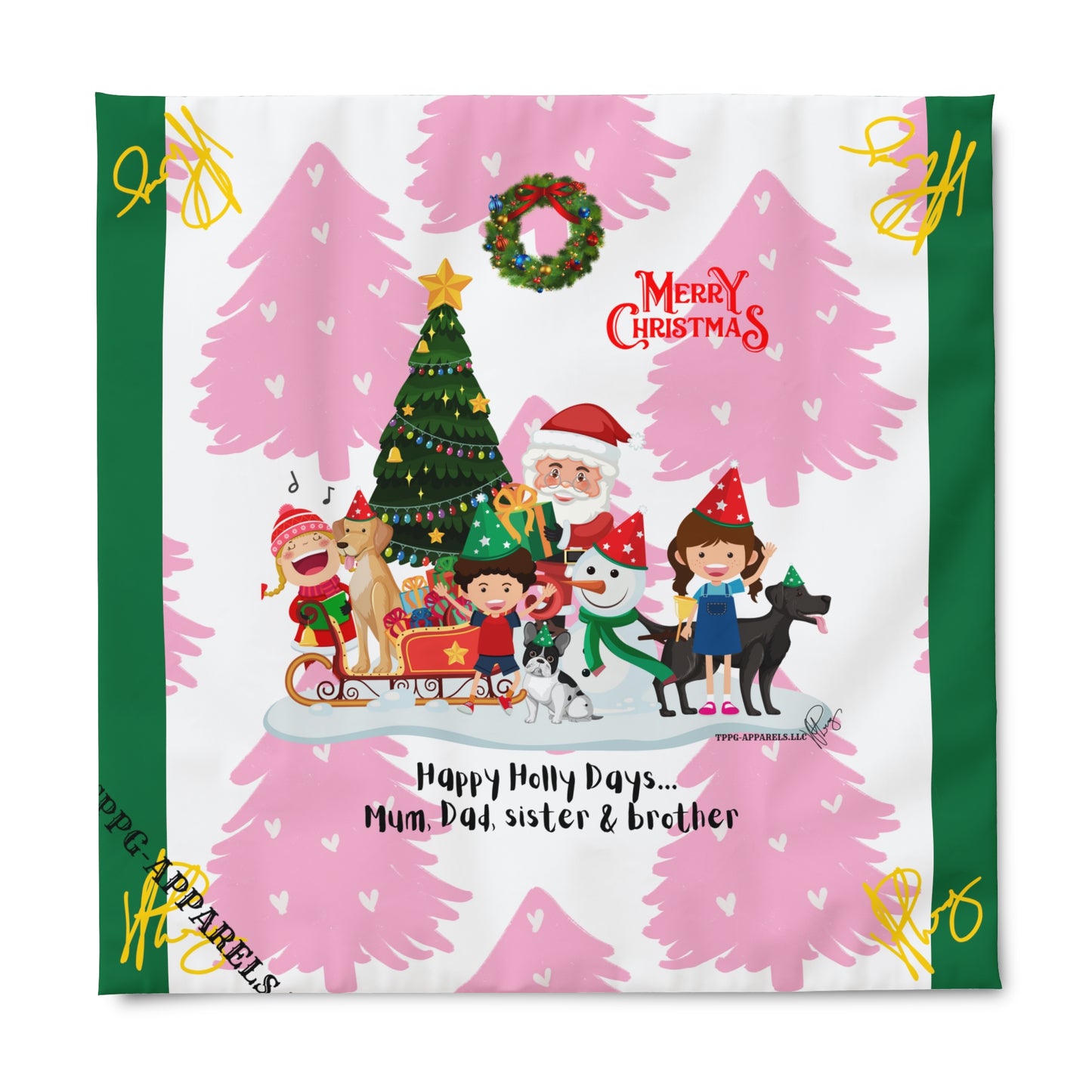 "TPPG Home" Holiday/Christmas Collection - (Deep Green w/Yellow Signature) 3ct sizes 'Duvet Blanket/Cover' (consealed zipper)