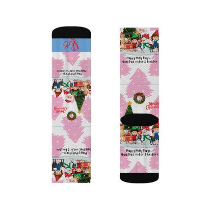 Humorous Sleek High Quality Cushioned "Holiday/Christmas" 'TPPG Brand' - Pink/Lt. Blue/White multi-color Holiday Style Socks